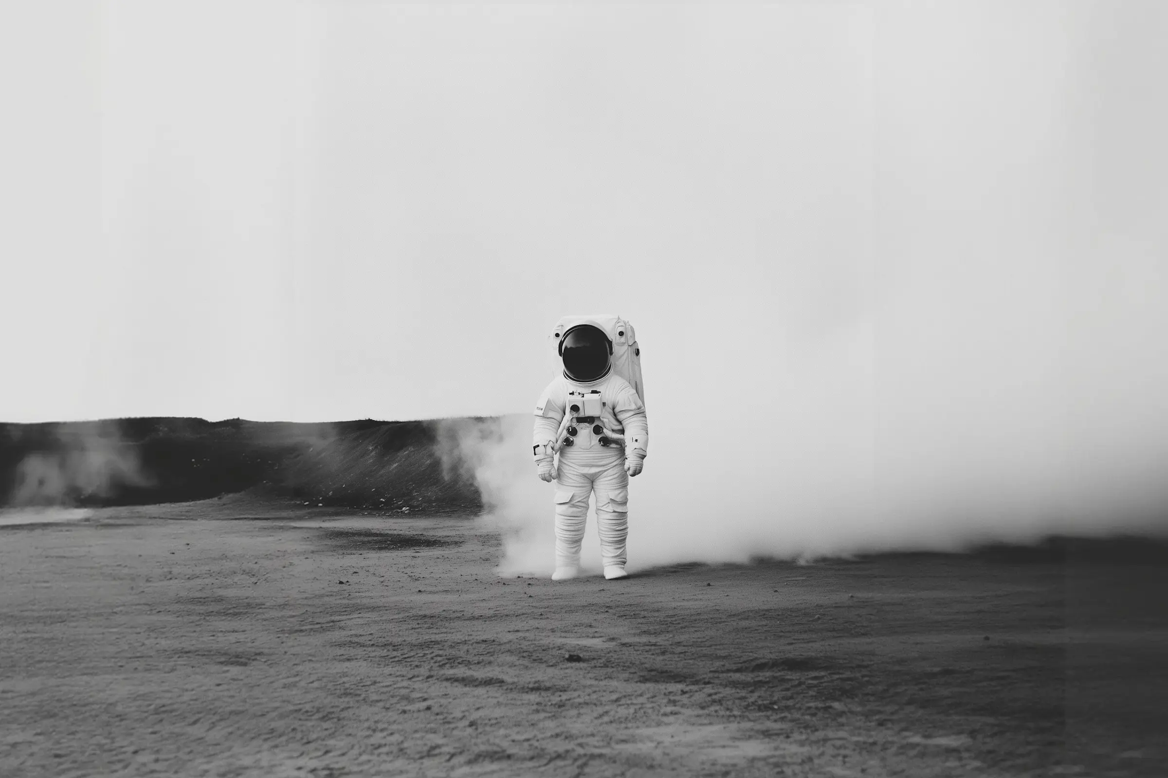 Lonely astronaut standing on a barren alien landscape, representing humanity exploring the vast and unknown universe.