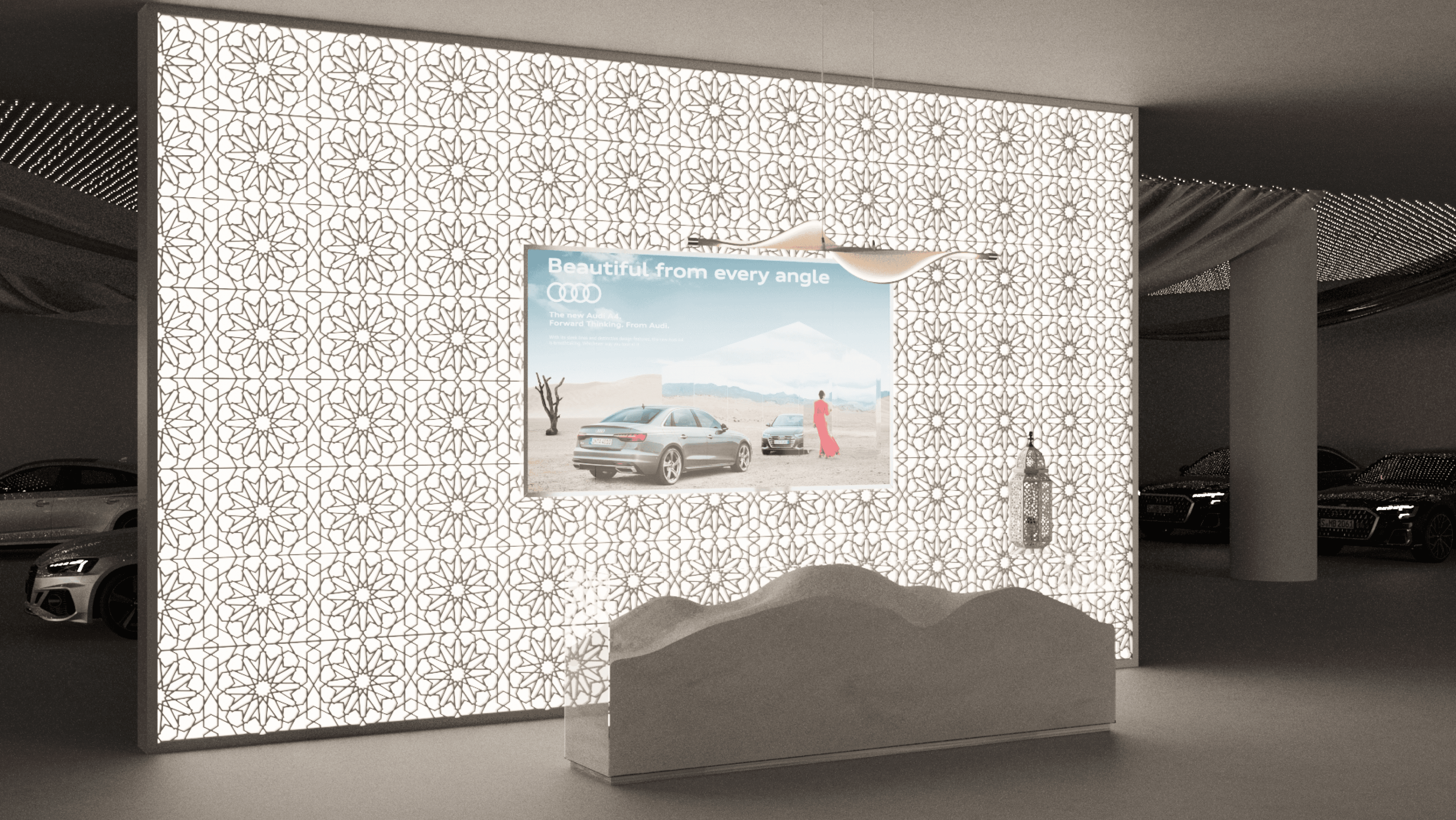 Presentation area design for the Audi flagship showroom in Dubai, created by our team