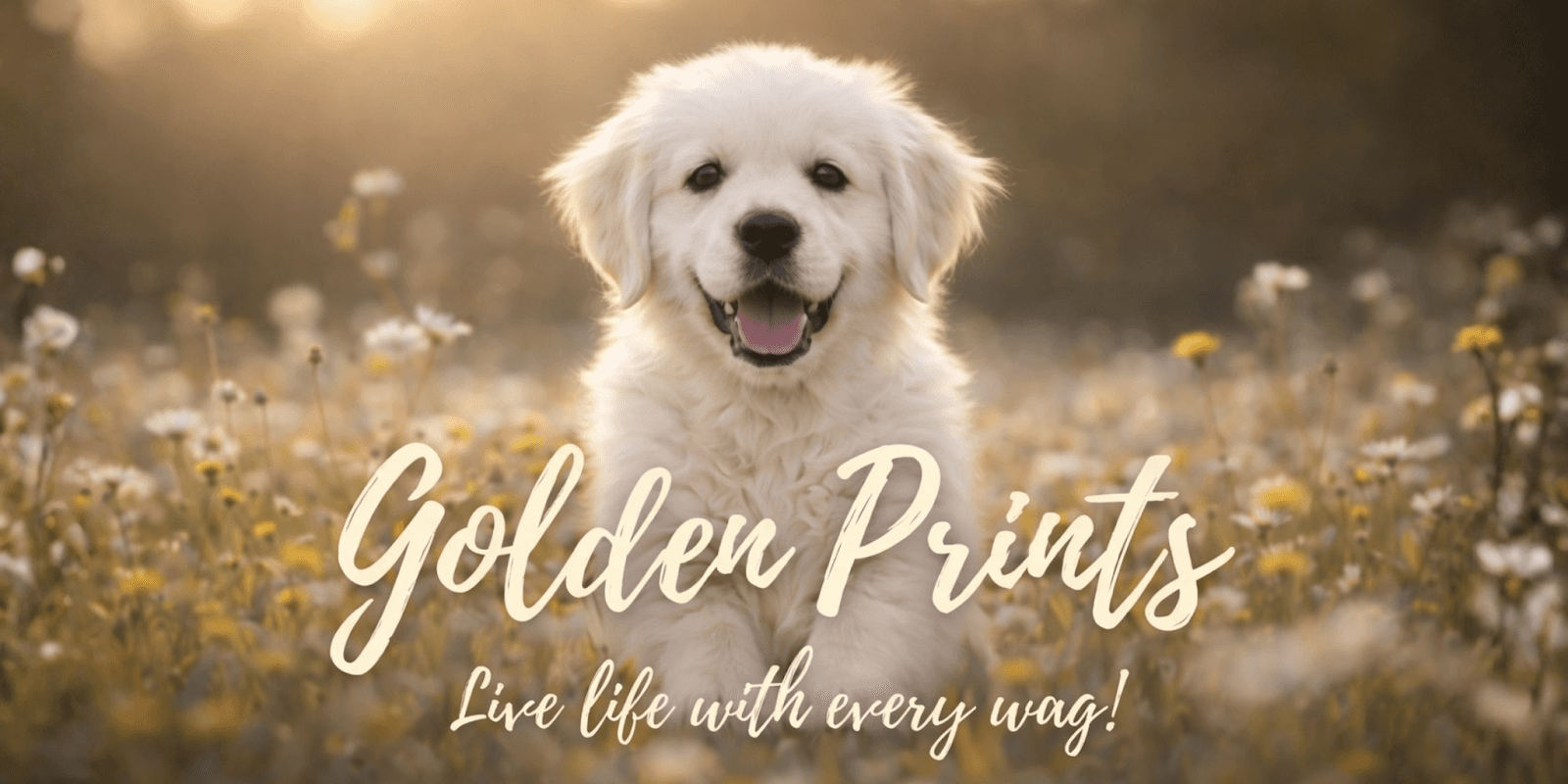 Golden Retriever puppy surrounded by flowers with text 'Golden Prints: Live life with every wag!
