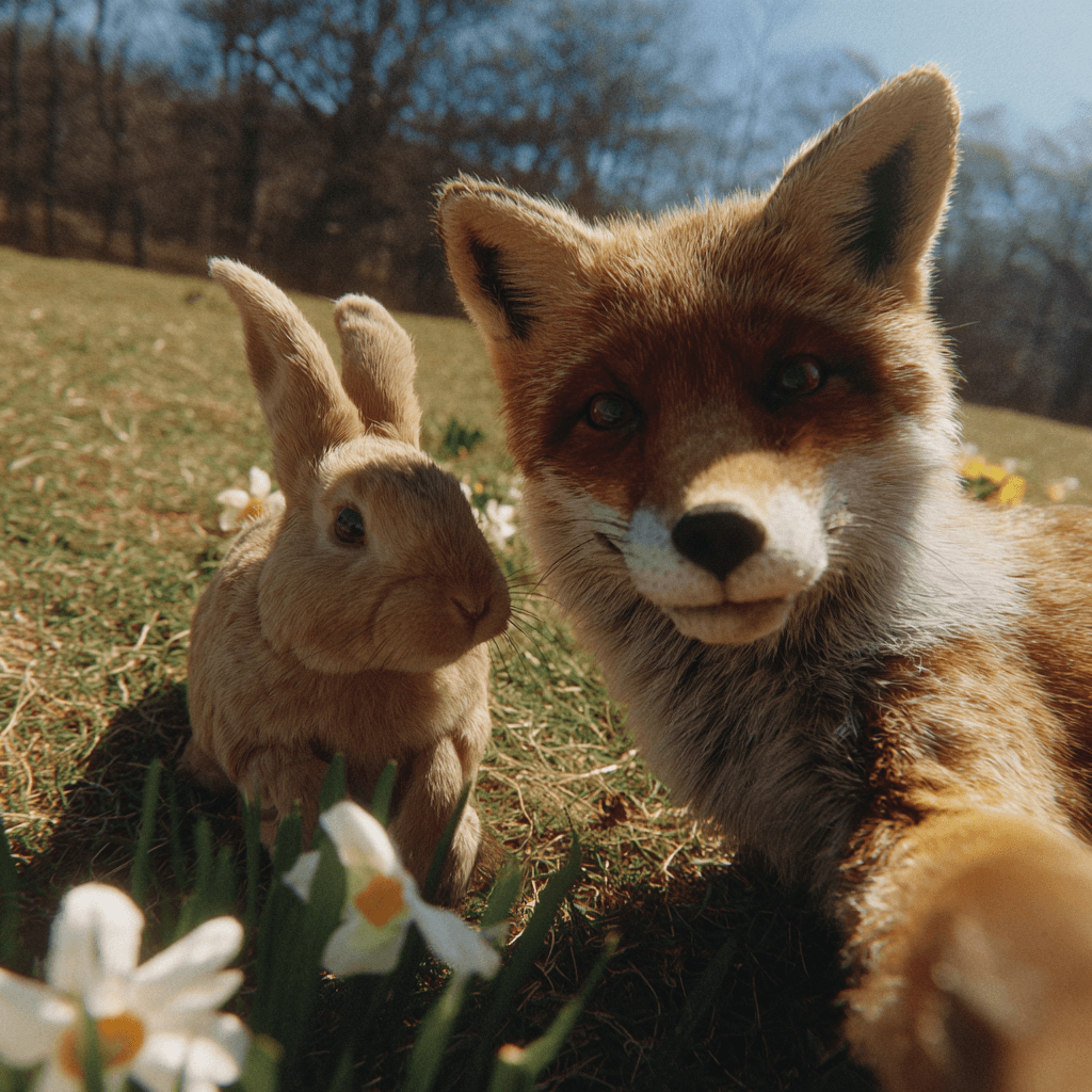 Fox with bunny selfie portrait