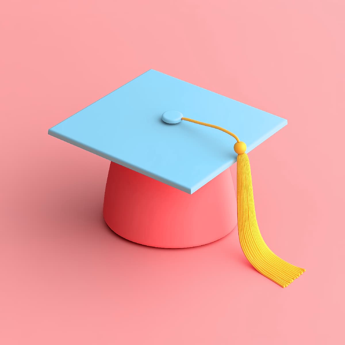 3D illustration of a blue graduation cap with a yellow tassel on a coral base, symbolizing Risa Battino’s Master of Science in Speech-Language Pathology from Hunter College.