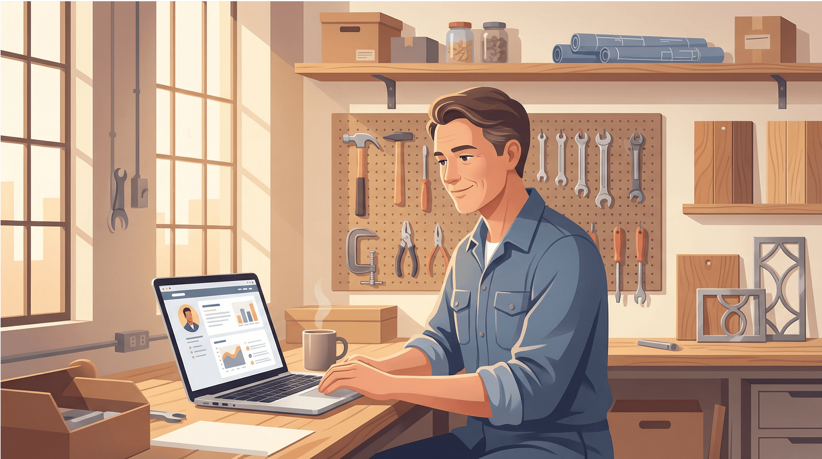 Ein selbstbewusster Handwerker in den Vierzigern sitzt in seiner hellen Werkstatt an der Werkbank und arbeitet an seinem Laptop. Er trägt ein blaues Arbeitshemd und hat einen zufriedenen Gesichtsausdruck, während er seine Online-Präsenz verwaltet. Hinter ihm ist eine Werkzeugwand mit ordentlich aufgehängten Werkzeugen zu sehen, Holzregale mit Materialien und Bauplänen. Warmes Tageslicht strömt durch große Werkstattfenster herein und schafft eine einladende, professionelle Atmosphäre. Die Szene vermittelt, dass digitales Marketing für Handwerksbetriebe zugänglich und umsetzbar ist.