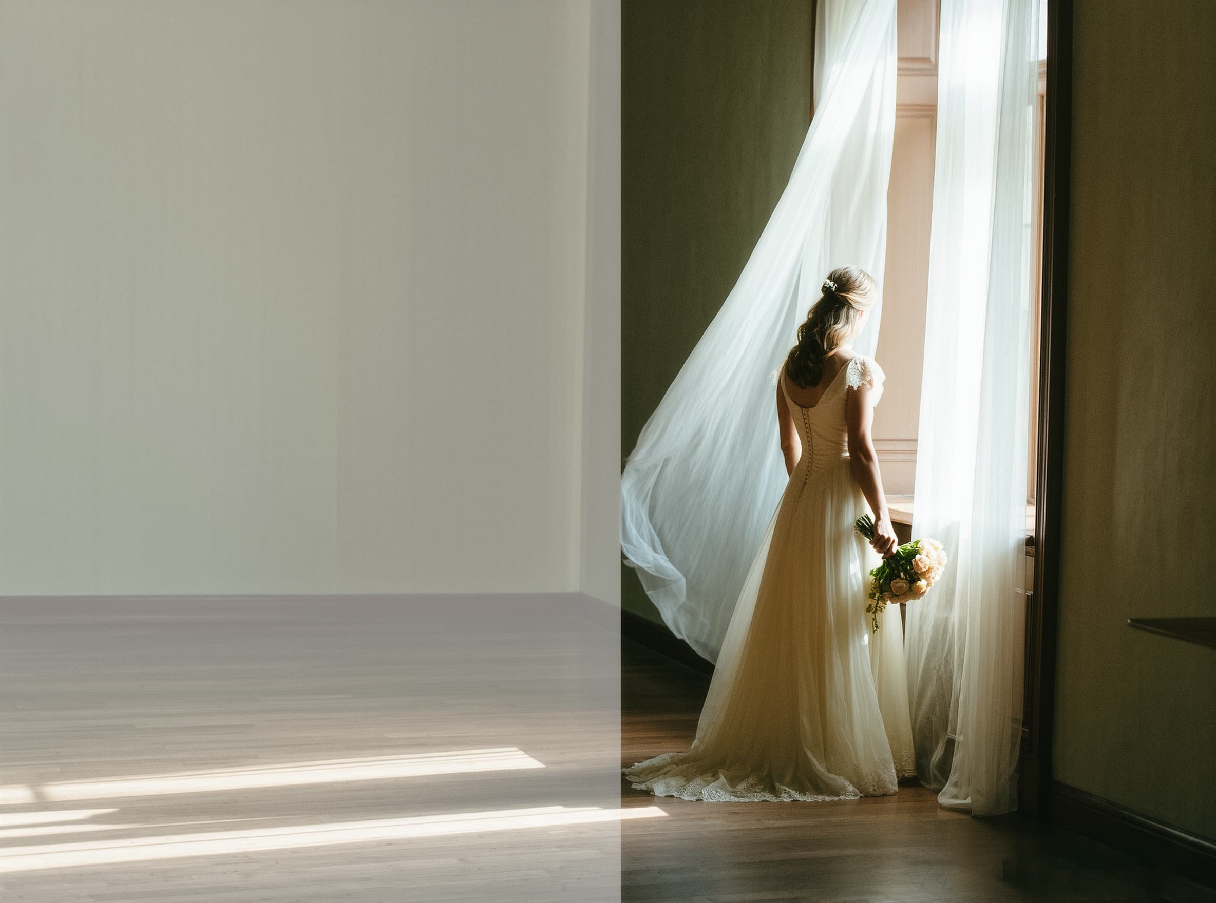 Wedding photographer – bride in elegant gown standing by window with flowing curtains and bouquet