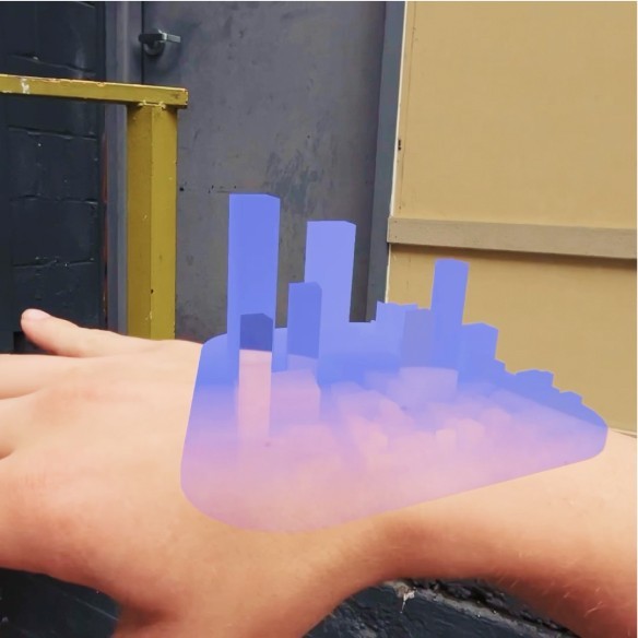 A photo of a hand with a floating 3D model hologram of a city skyscape 