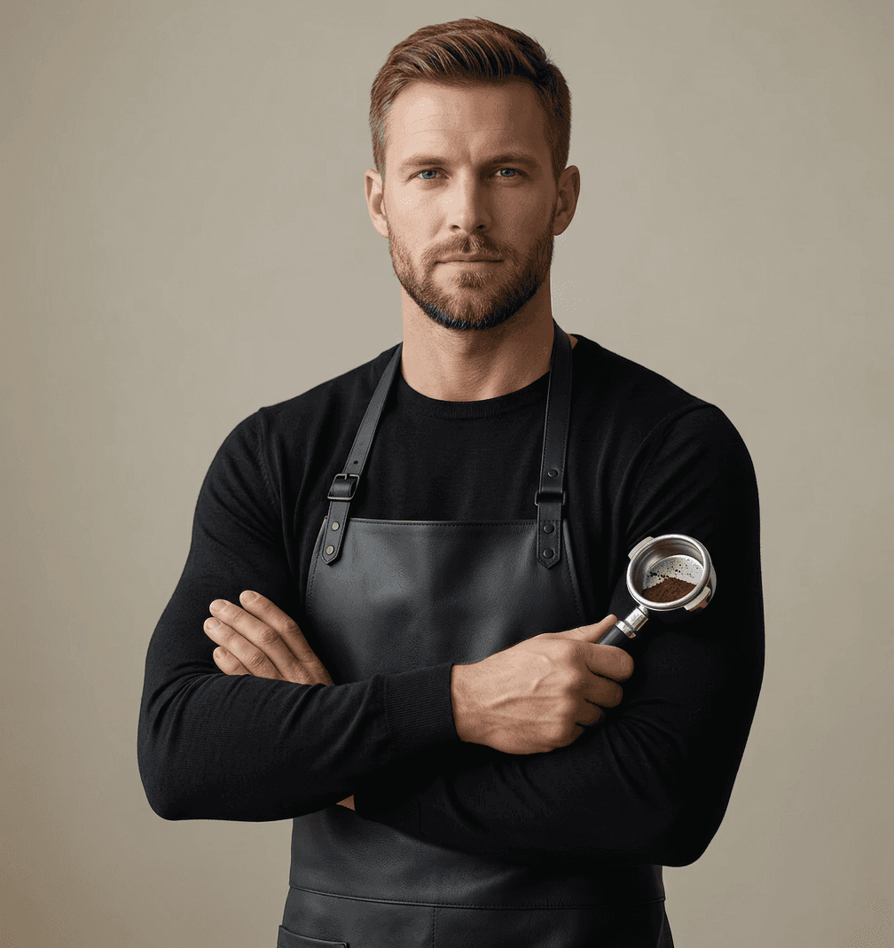 Editorial portrait of a young man with wavy hair in a knit sweater, looking over his shoulder in soft light.