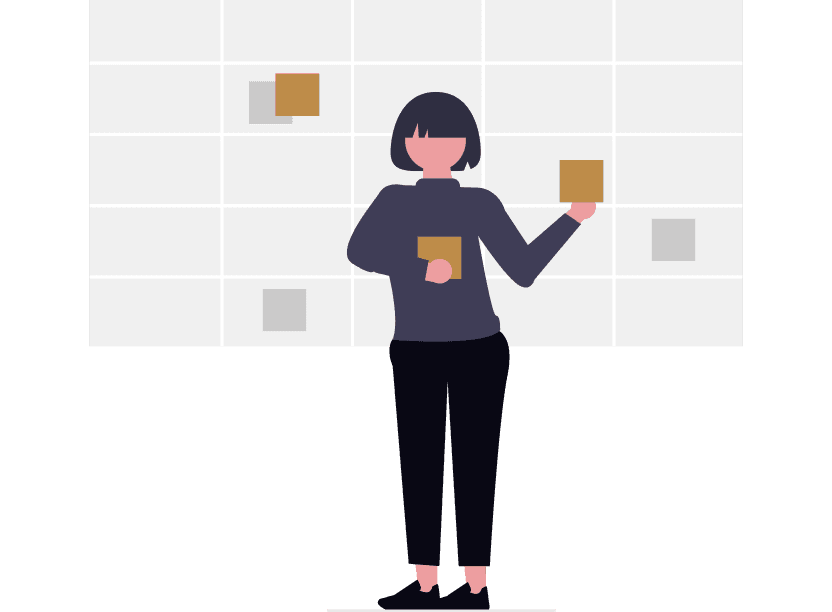Person organisiert und strukturiert Elemente an einer großen Planungswand - repräsentiert systematische Organisationsentwicklung und strukturelle Gestaltung