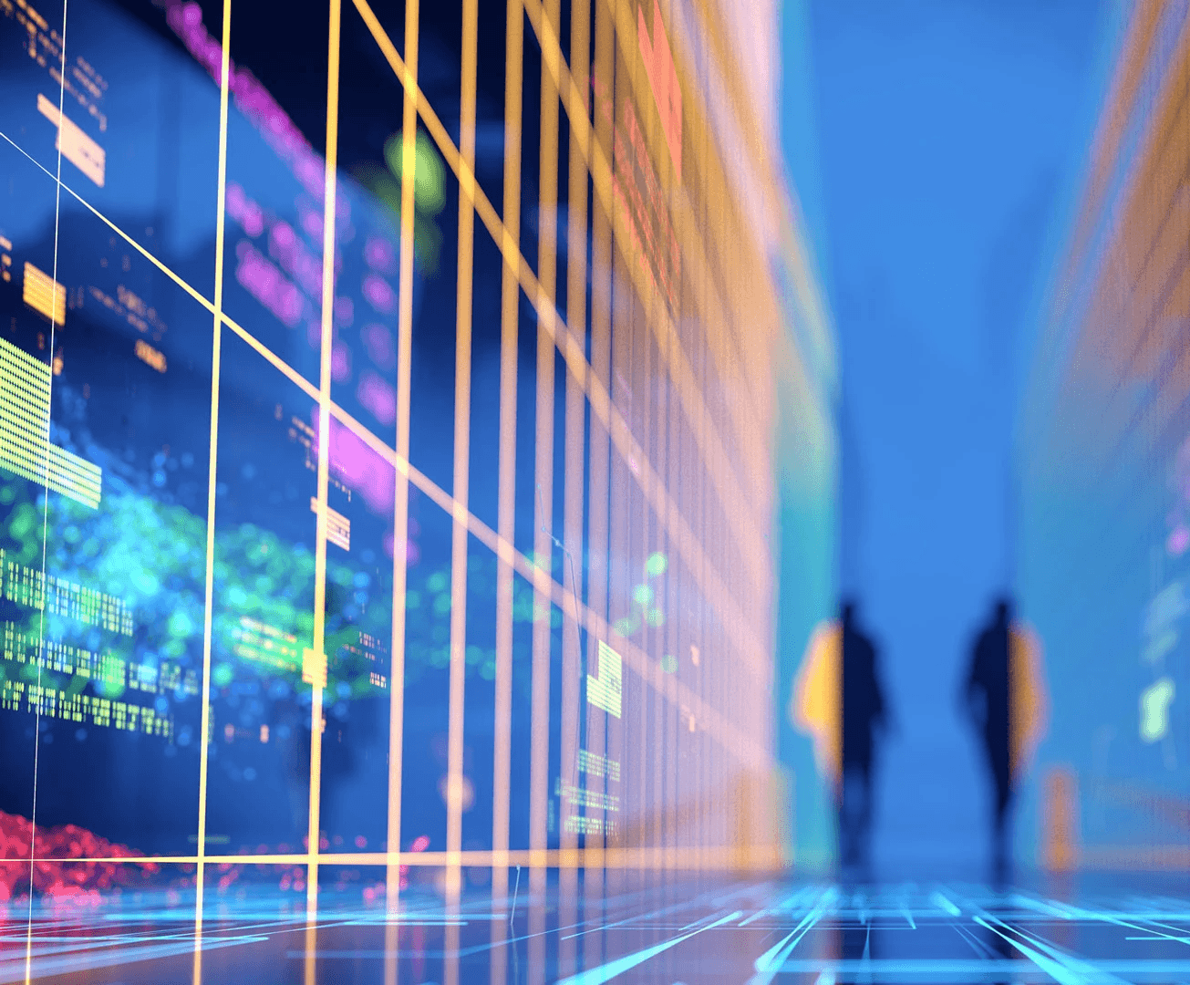 Big data. Man standing against virtual cyber city