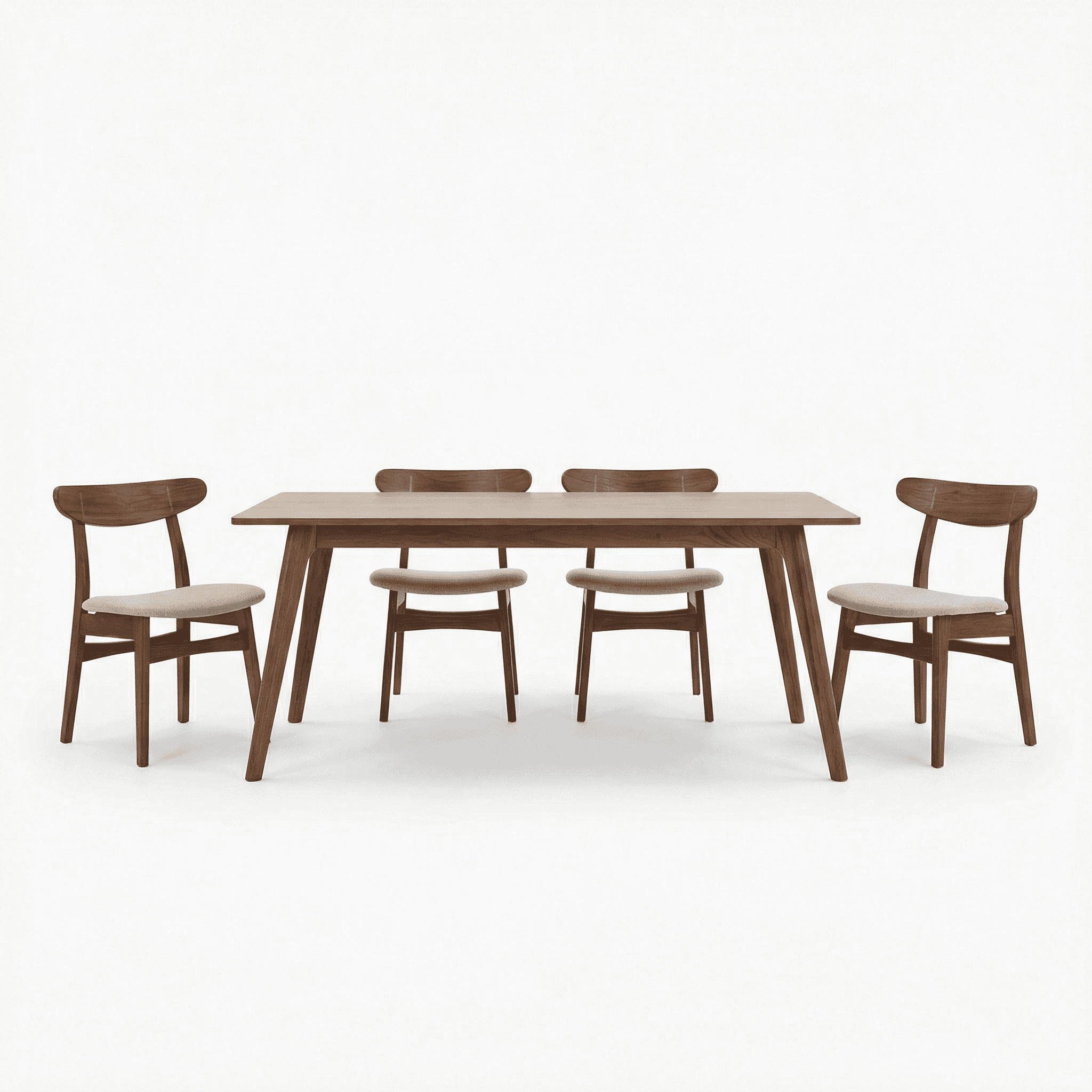 Long wooden dining set designed for everyday meals, paired with simple cushioned chairs