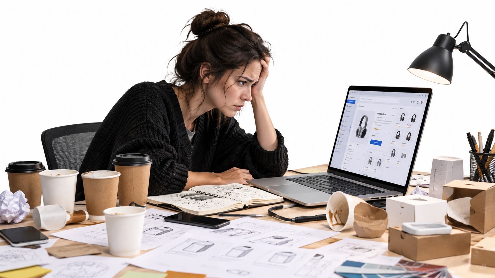 A frustrated designer sits at a cluttered desk working on a laptop, surrounded by coffee cups and sketches.