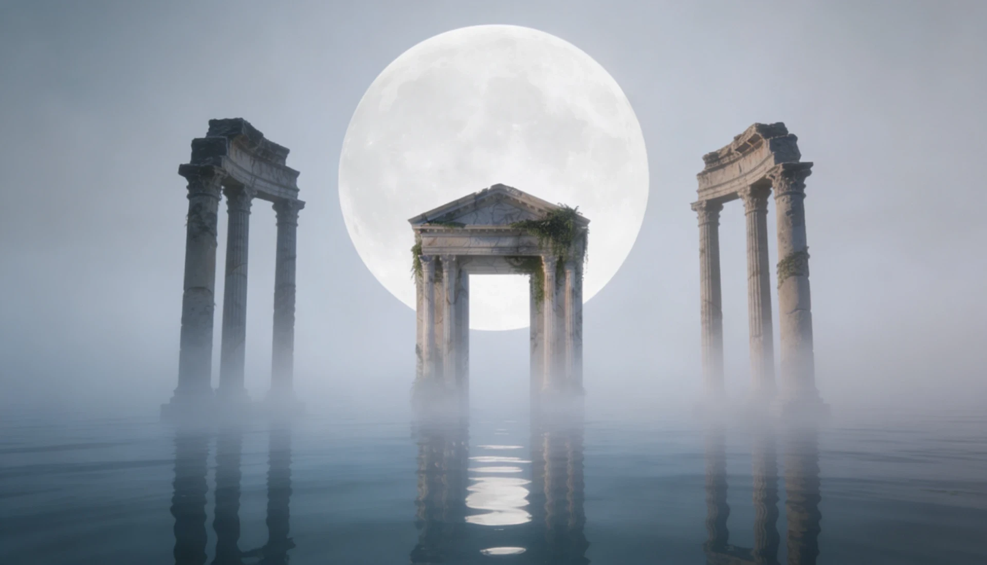 Luna posada en el mar con niebla espesa