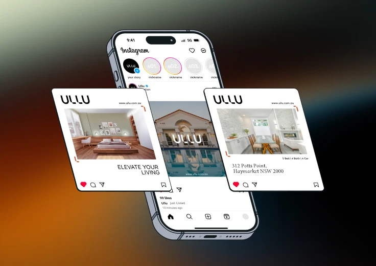 Social media post designs shown in an Instagram interface mockup on a phone