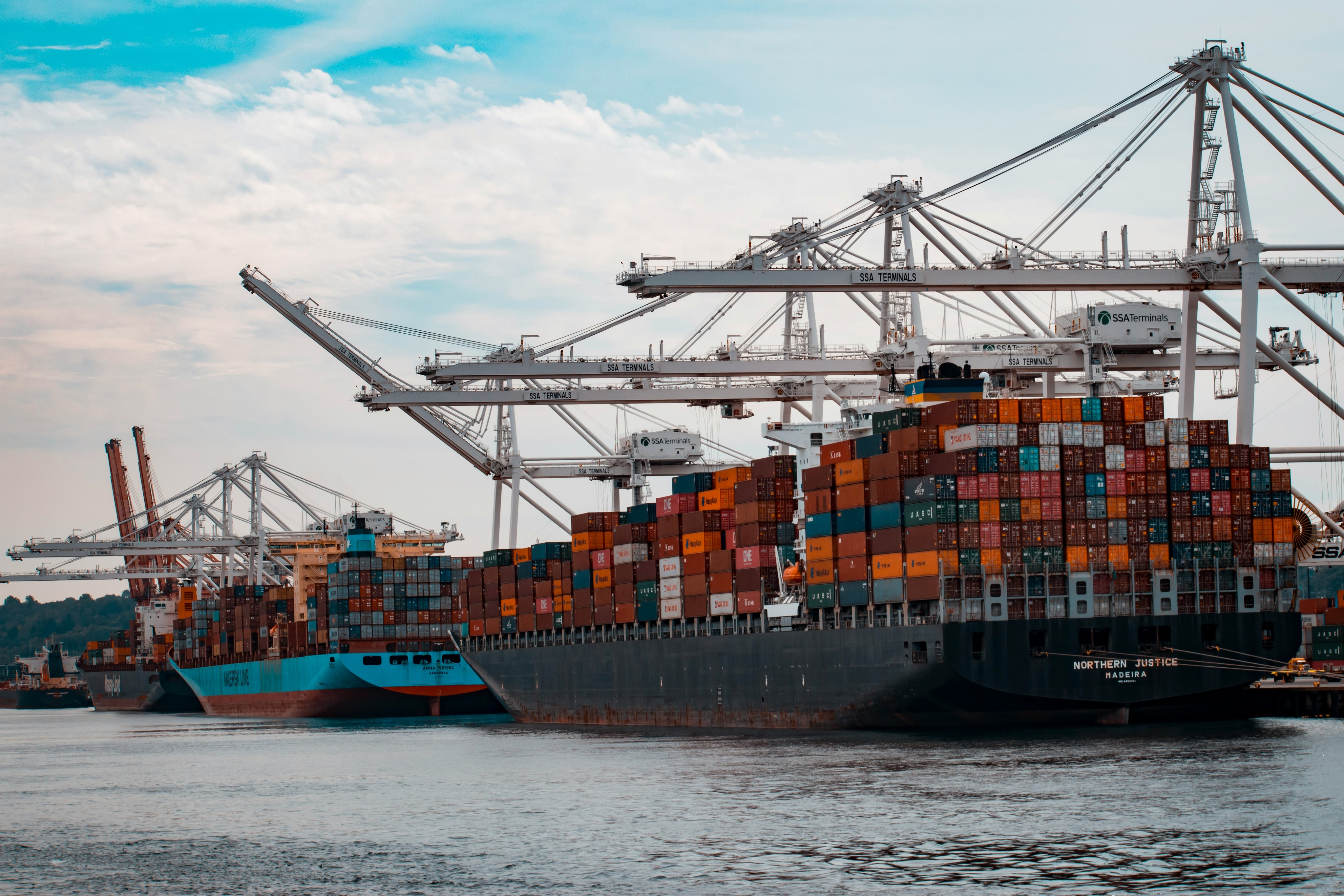 Container ship being unloaded at a port