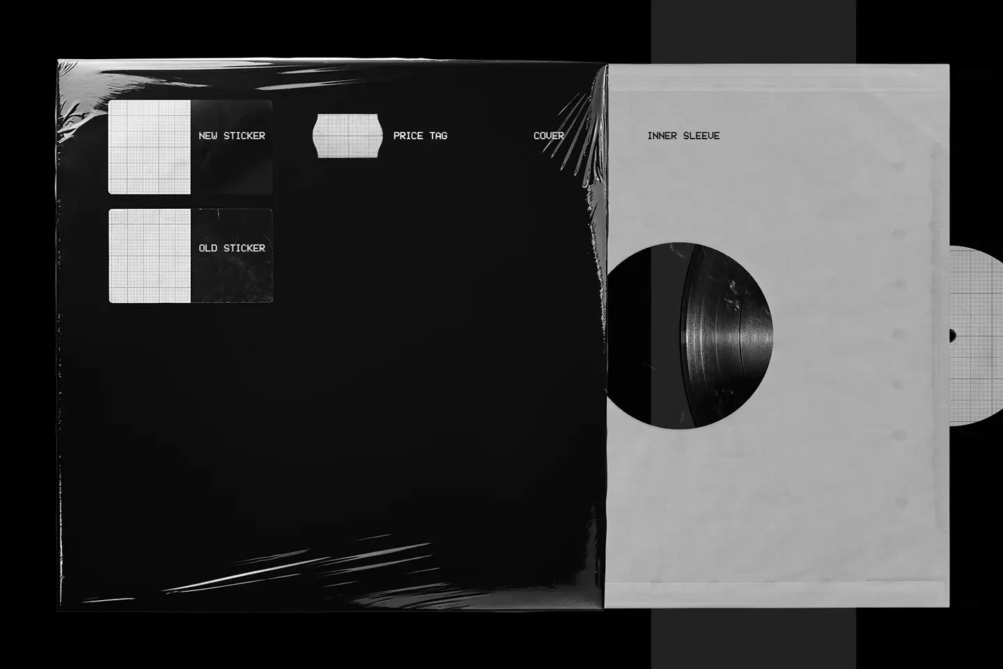 Vinyl record mockup with editable stickers including old label and price tag