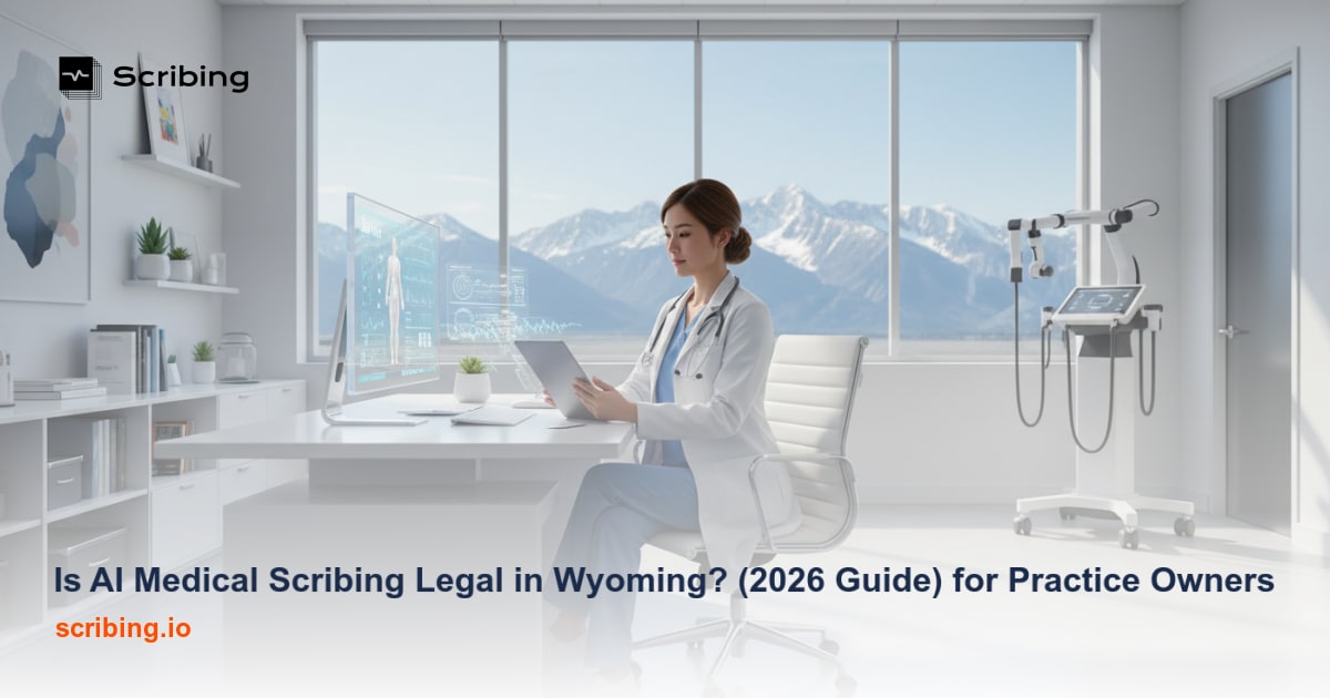 Medical office desk with laptop and stethoscope representing AI medical scribing legal compliance in Wyoming