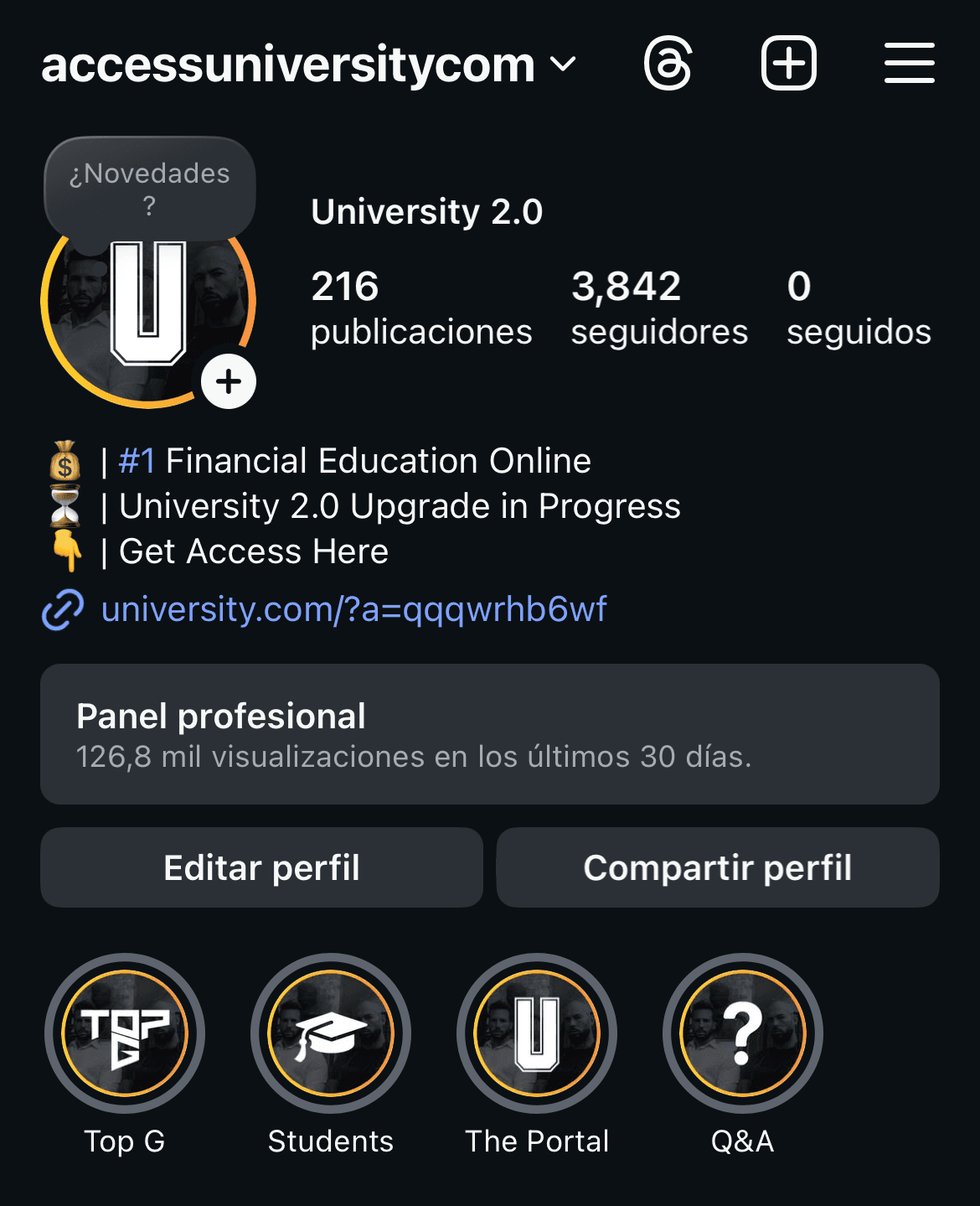 Perfil de Instagram de University 2.0 gestionado por Fresa Marketing, mostrando más de 3,800 seguidores y 126 mil visualizaciones mensuales, con enfoque en educación financiera online y estrategias de crecimiento digital