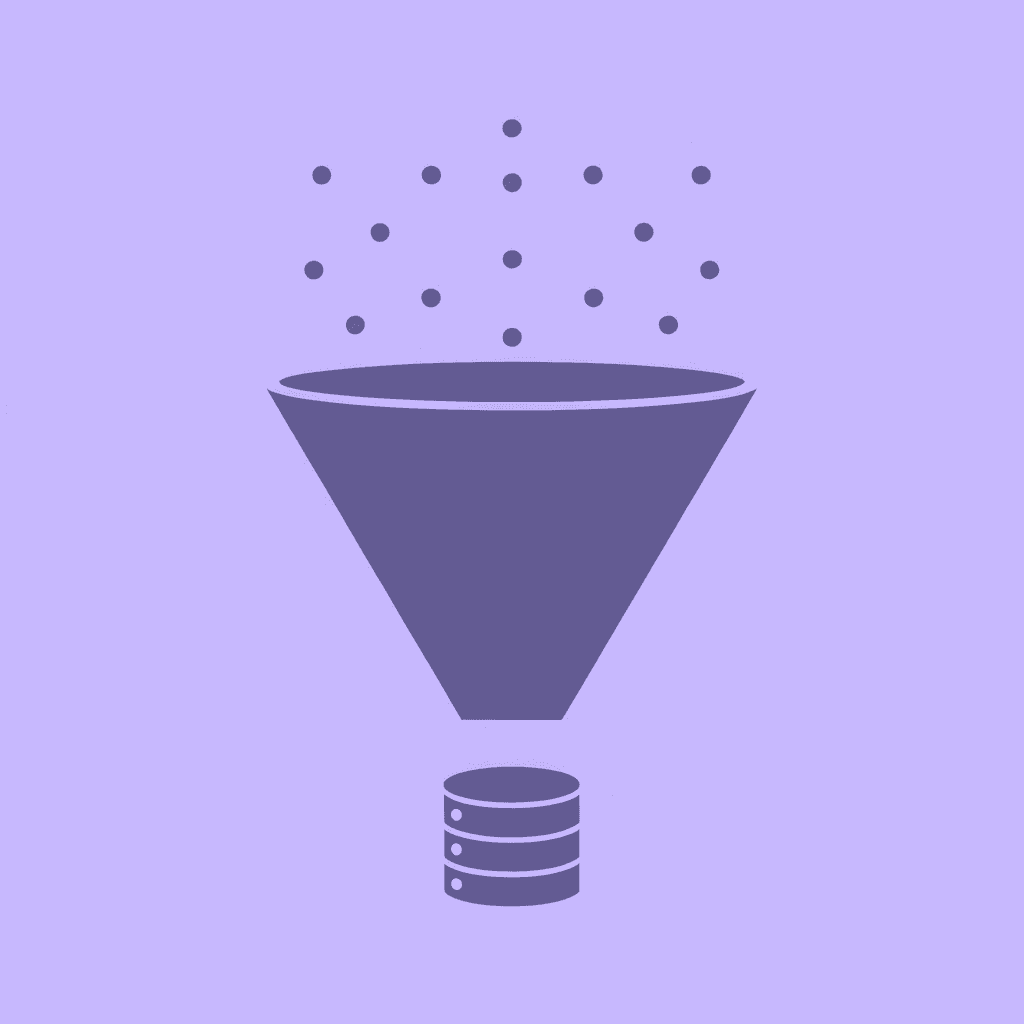 Funnel diagram showing raw data entering at top and refined, organized information exiting at bottom