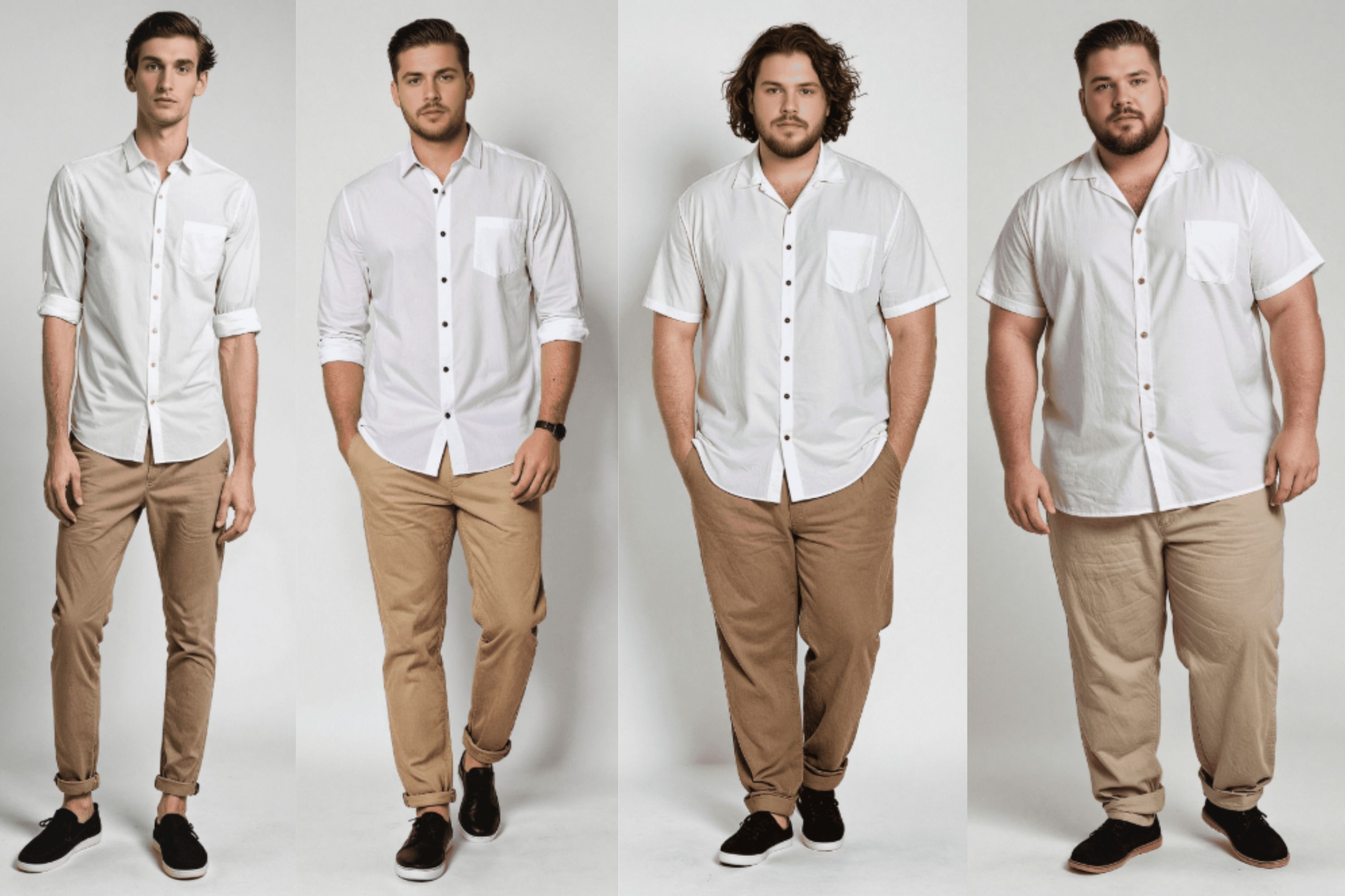 Four men in white shirts and beige chinos, from slim to larger build.