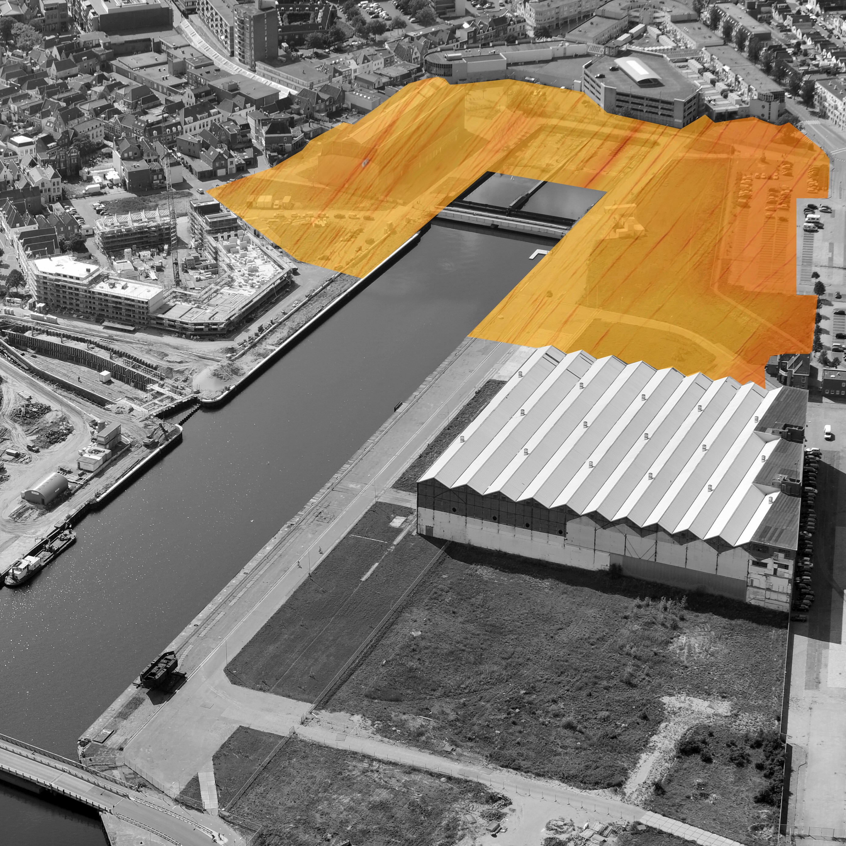 Scheldekwartier aerial photo with pink indication of the area to be developed