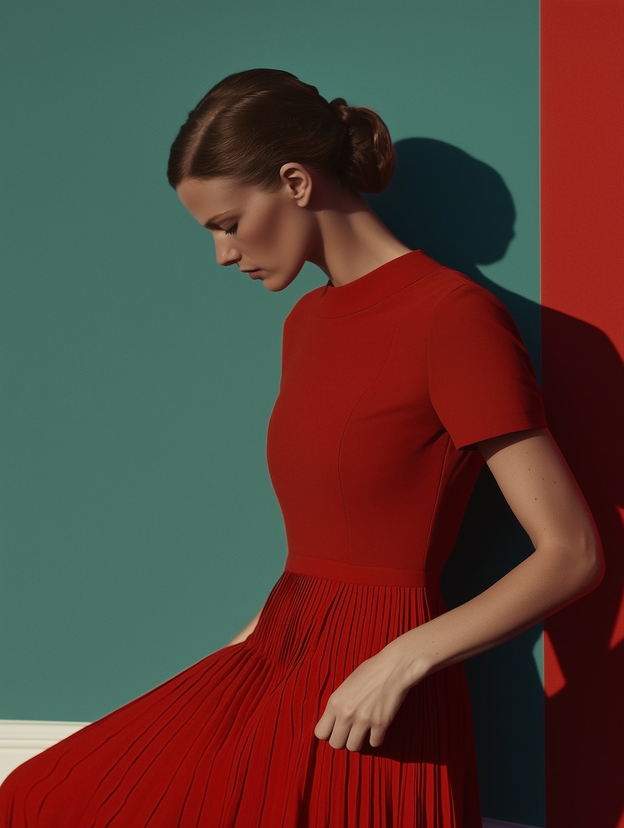 Elegant woman in a red pleated dress against a teal and red minimalist background, with dramatic lighting and a serene pose.