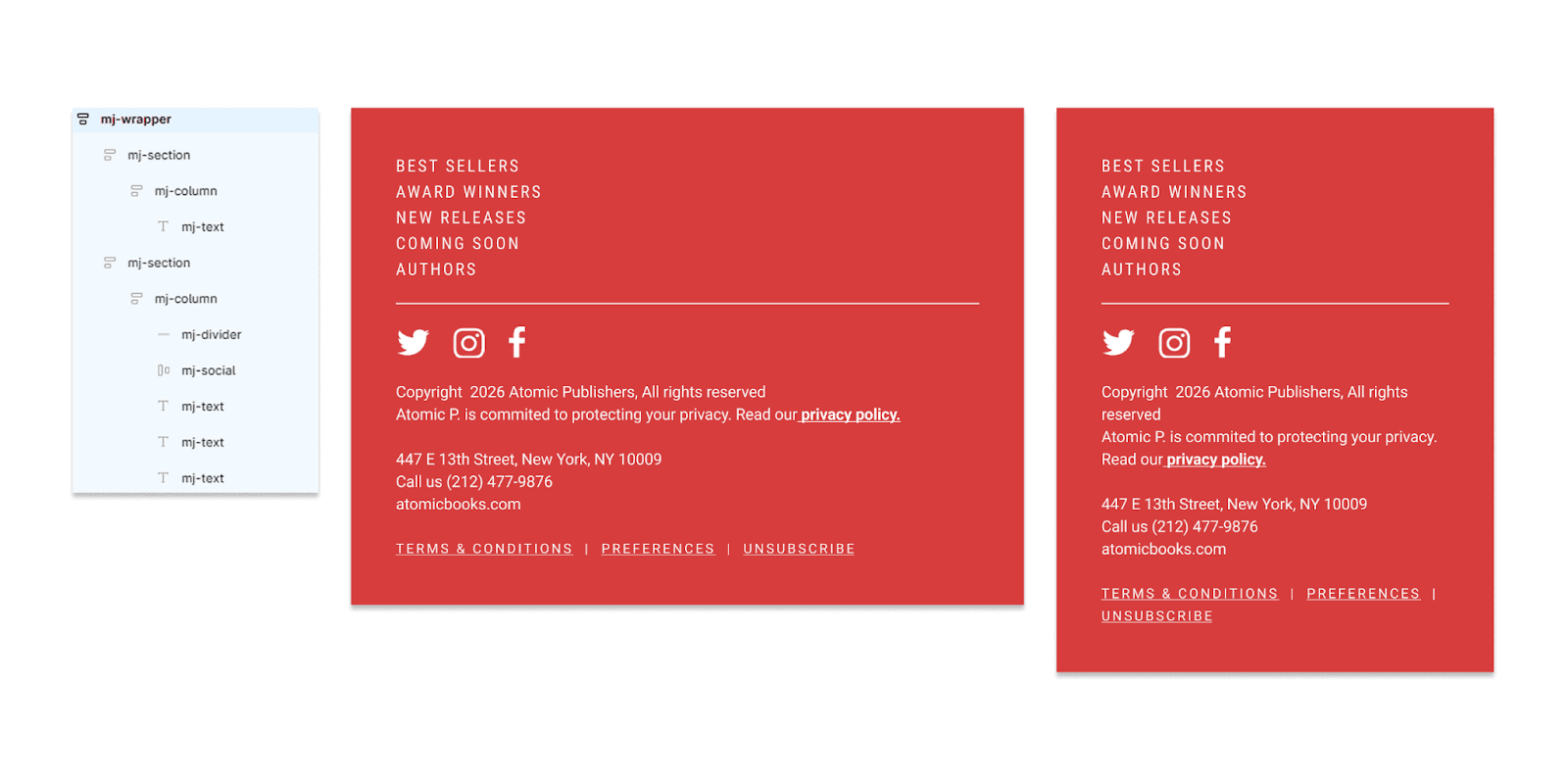 Email footer created in Figma using MJML structure and naming conventions.