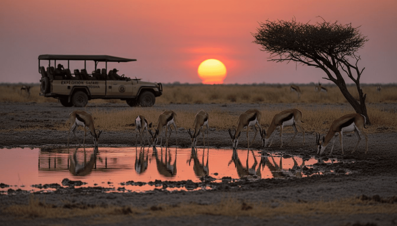 Des springboks rassemblés autour d’un point d’eau à Etosha pendant la saison sèche.