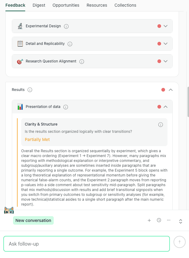 thesify AI results feedback showing checks for data presentation, clarity, and statistical analysis