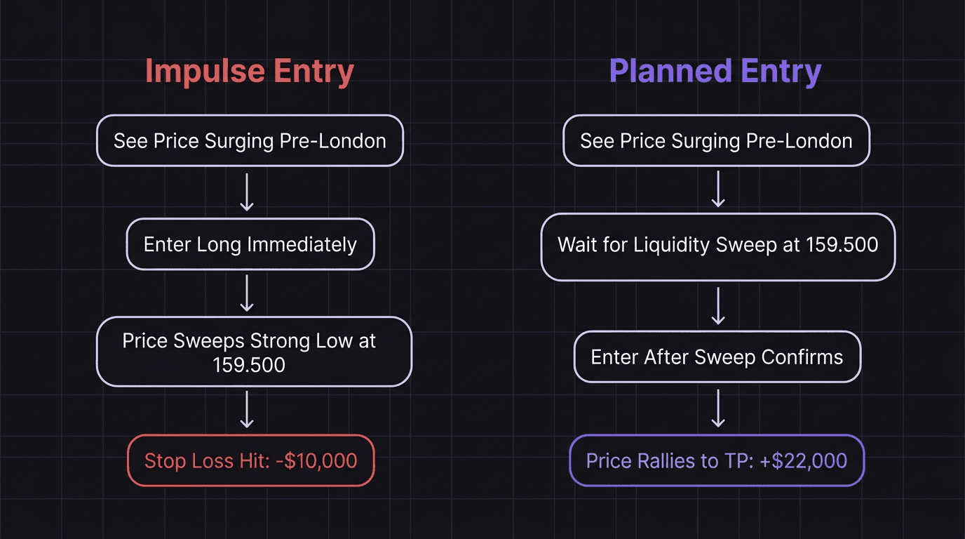 Flowchart showing impulse entry vs planned entry decision path for GBP/JPY trade