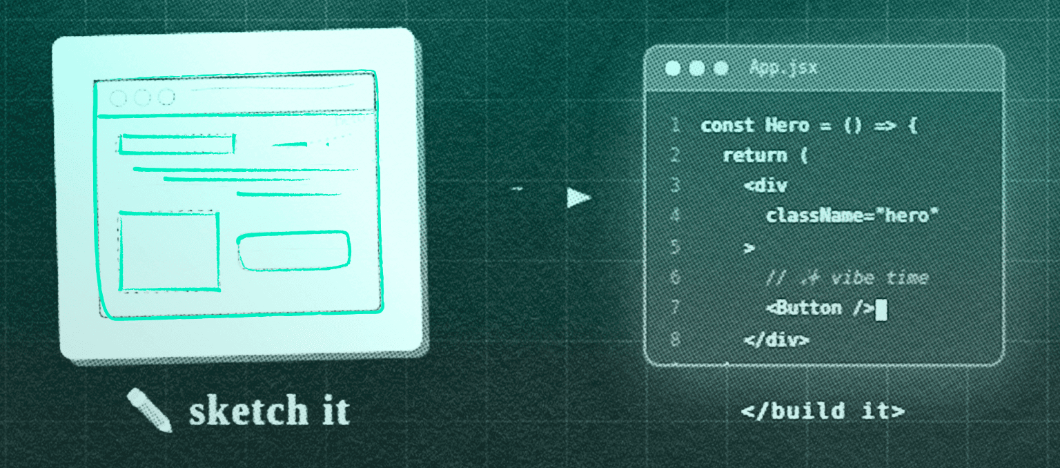 Illustration showing a hand-drawn website sketch labeled “sketch it” on the left and a code editor labeled “build it” on the right, connected by an arrow to represent moving from design to code.