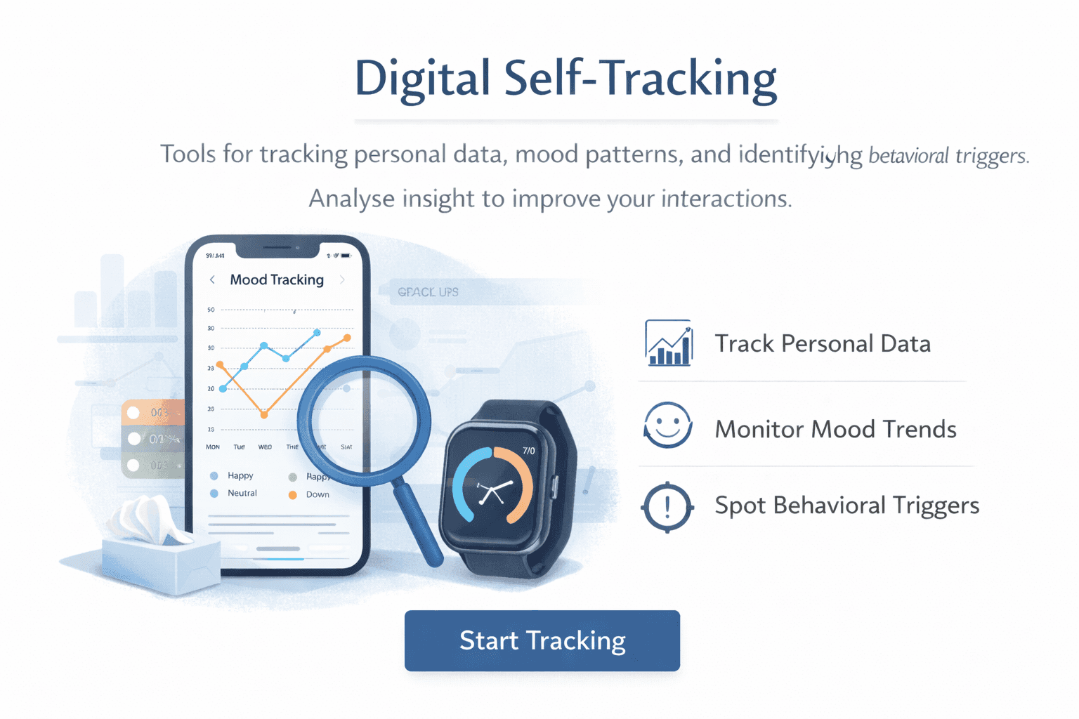 Digital self-tracking tools for monitoring mood patterns, emotional triggers, and relationship behavior insights.