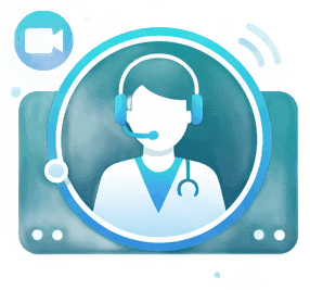 Clean vector illustration of a video call interface showing a professional headset and medical professional silhouette in a circular frame. Use gradient colors from deep teal (#285360) to cerulean (#32B4DB). Include subtle elements like a video camera icon and signal waves. The design should be modern and minimalist, conveying telehealth consultation. Add soft glow effects and rounded geometric shapes that suggest connectivity and professional healthcare communication.