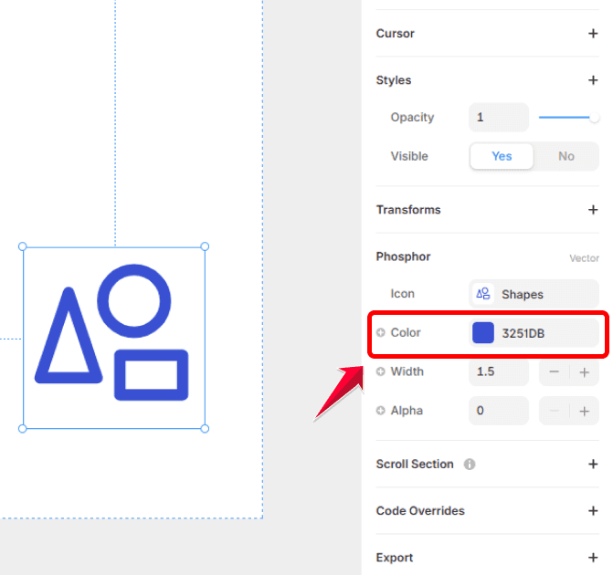 Personnalisation de la couleur d’une icône Framer depuis le panneau de droite