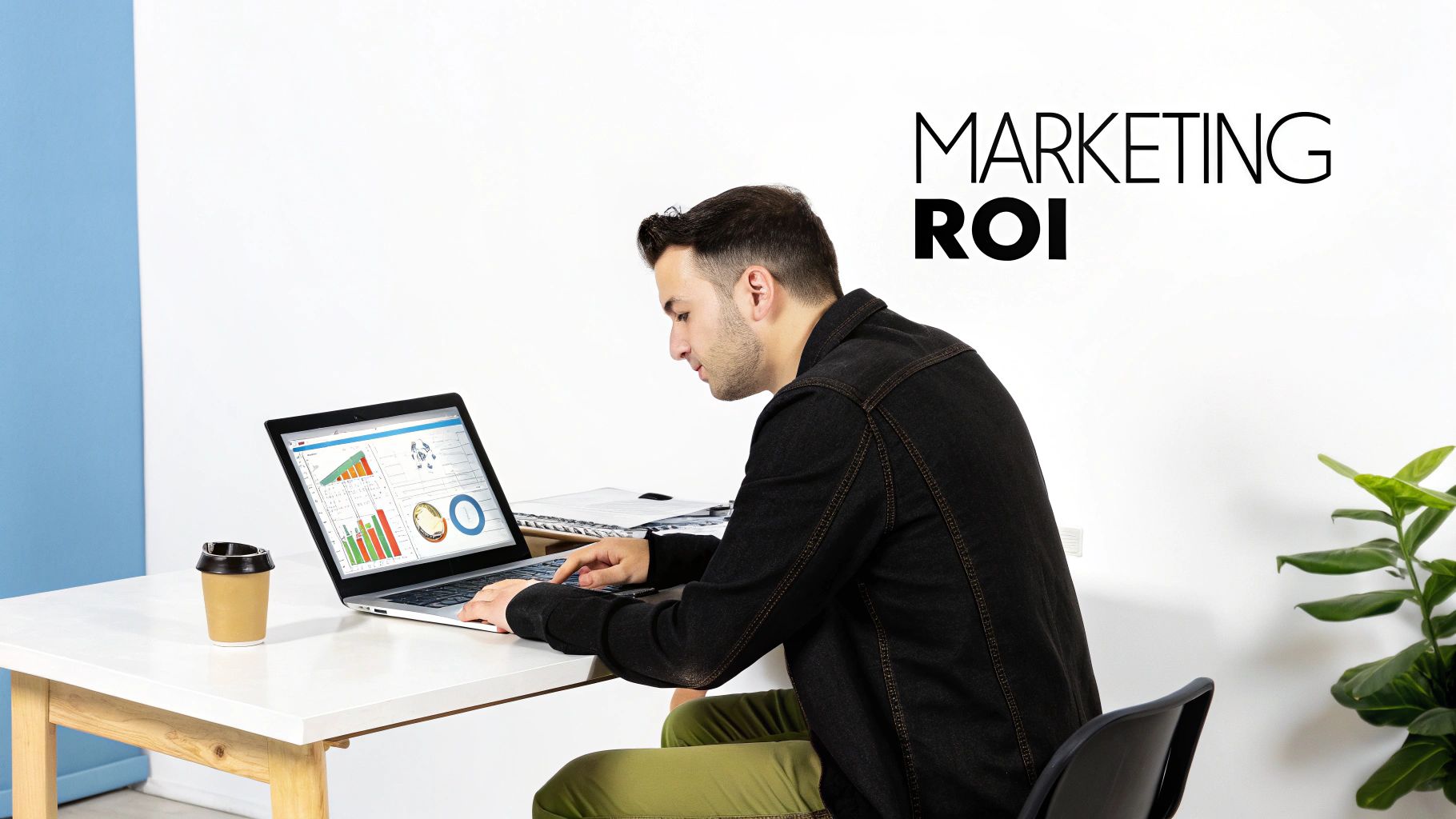 A man analyzing marketing ROI data on a laptop in a modern office environment.