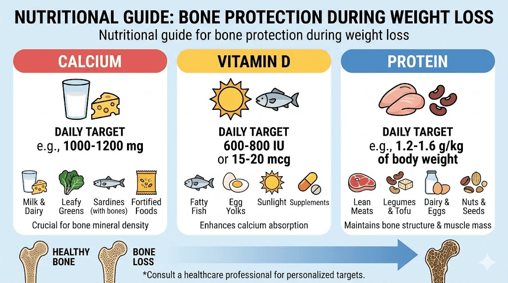 Daily calcium vitamin D and protein targets for tirzepatide bone protection