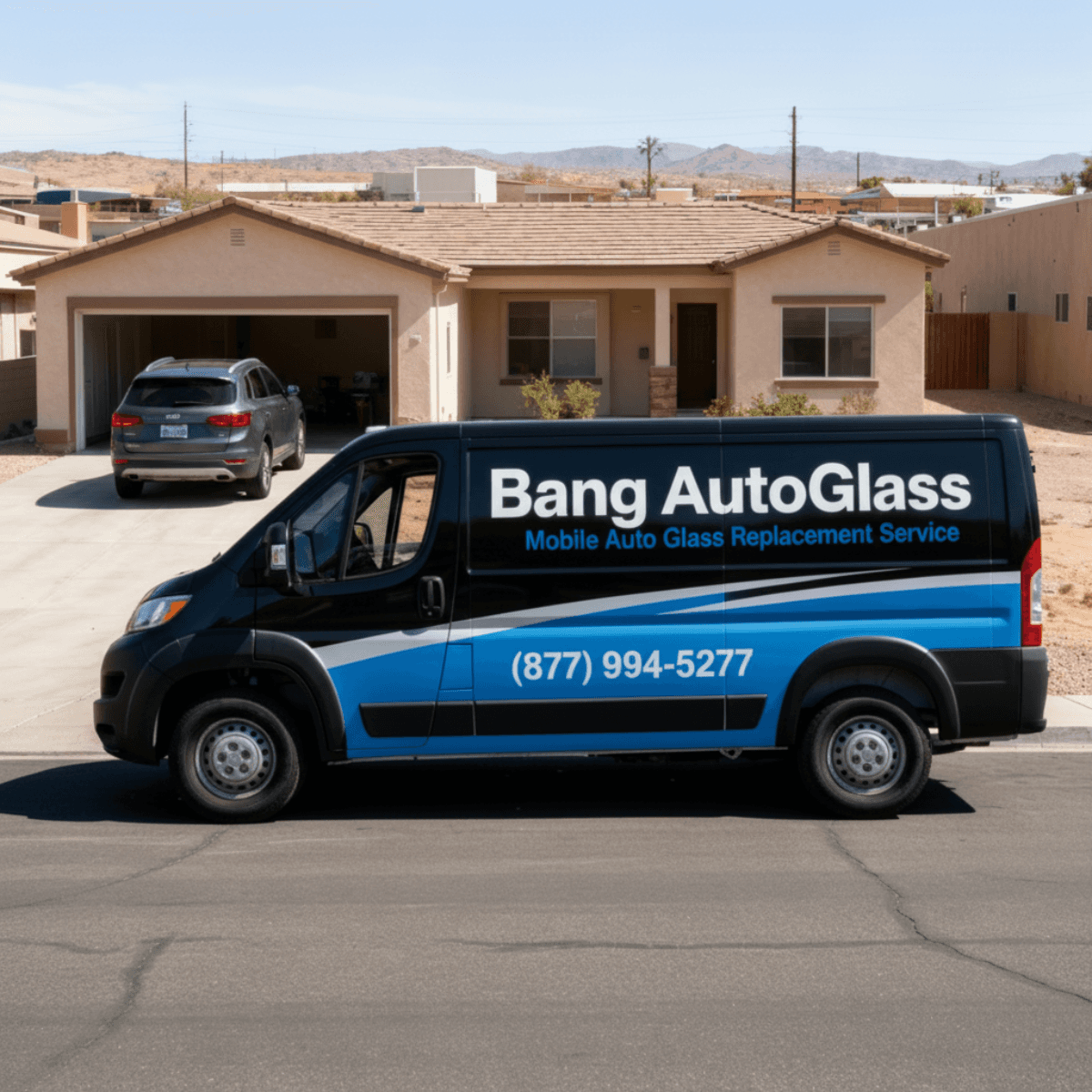 Bang AutoGlass crew arriving with the company van to perform a same-day windshield replacement in Buckeye, AZ