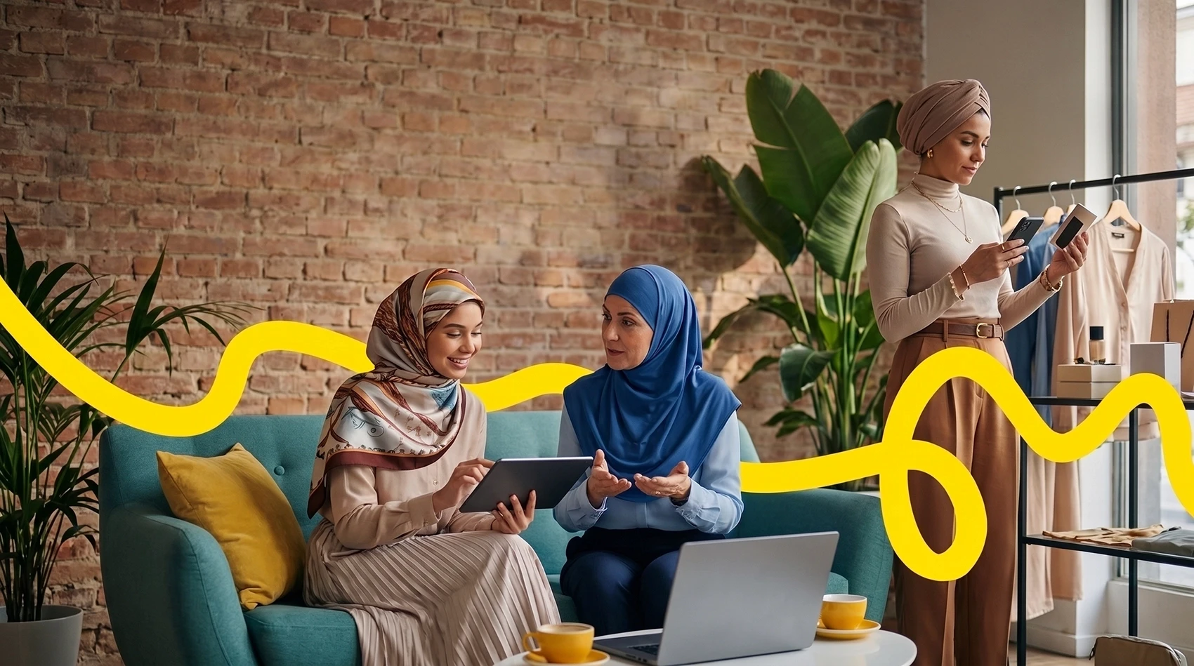 Marketing guide engaging with Muslim consumers three women in hijabs discussing tablet in modern boutique office