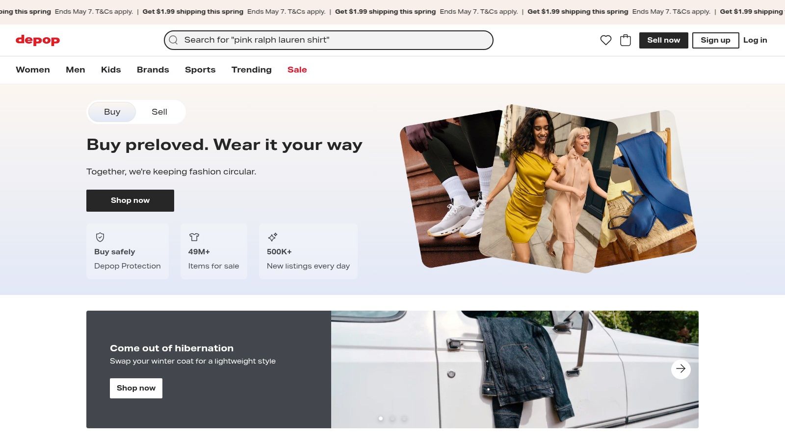 A phone showing the Depop app interface with trendy clothing items for sale, representing fashion-based side hustle apps in the UK.