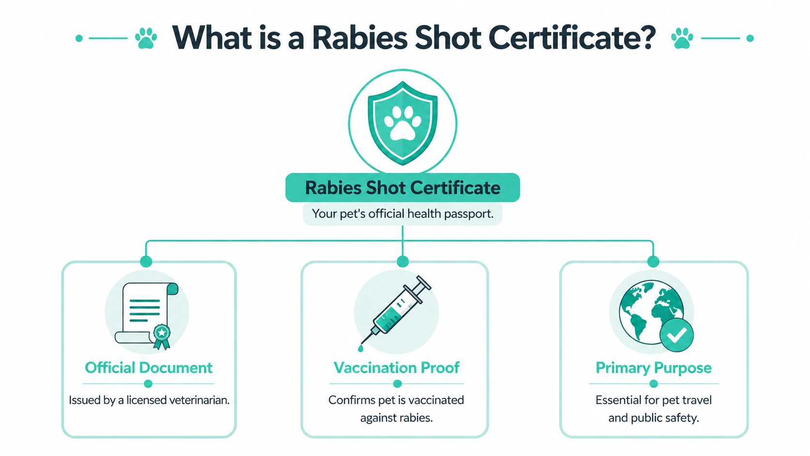 An infographic titled What is a Rabies Shot Certificate, illustrating its official purpose, vaccination proof, and travel necessity.