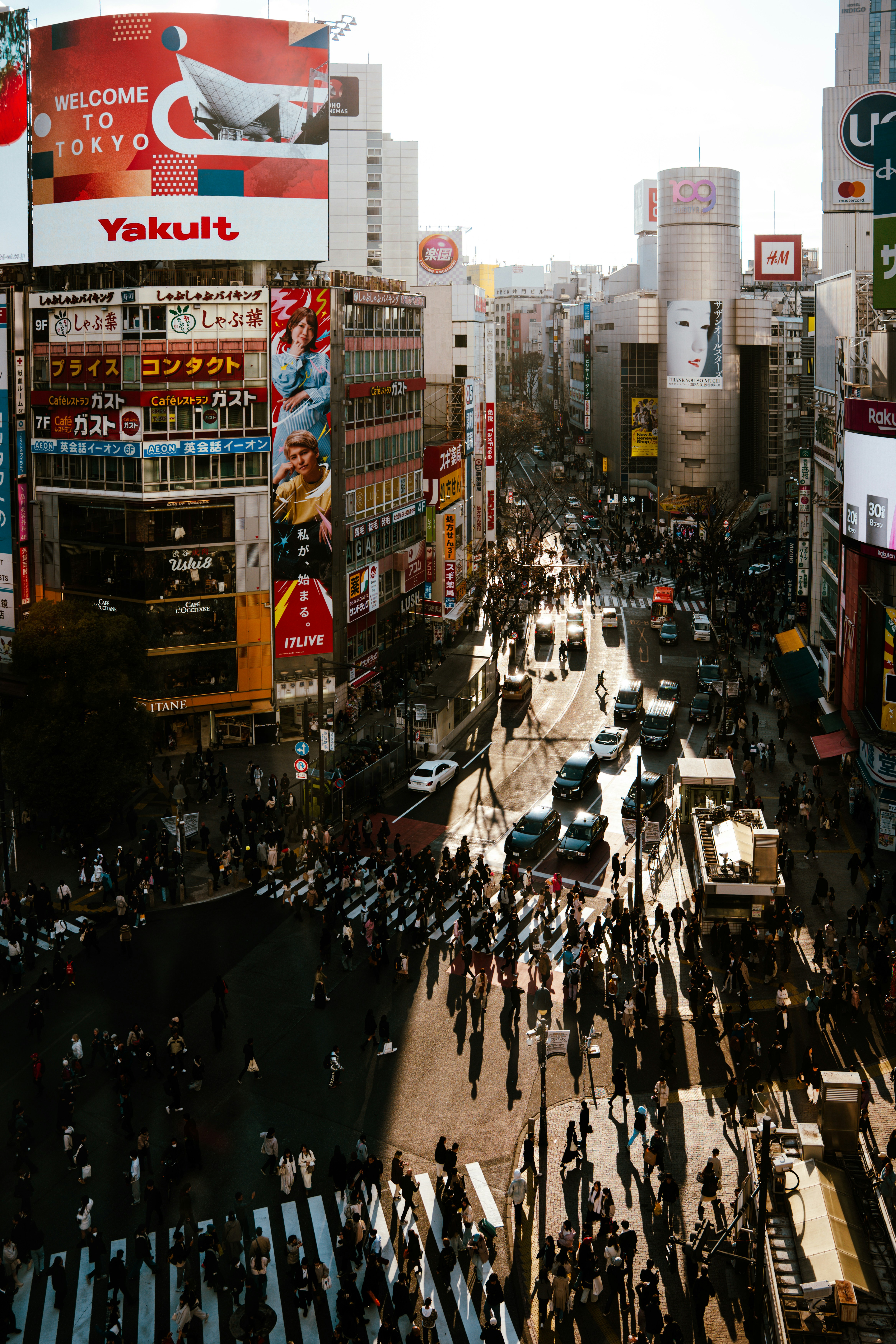Busy street with crowds and traffic in tokyo