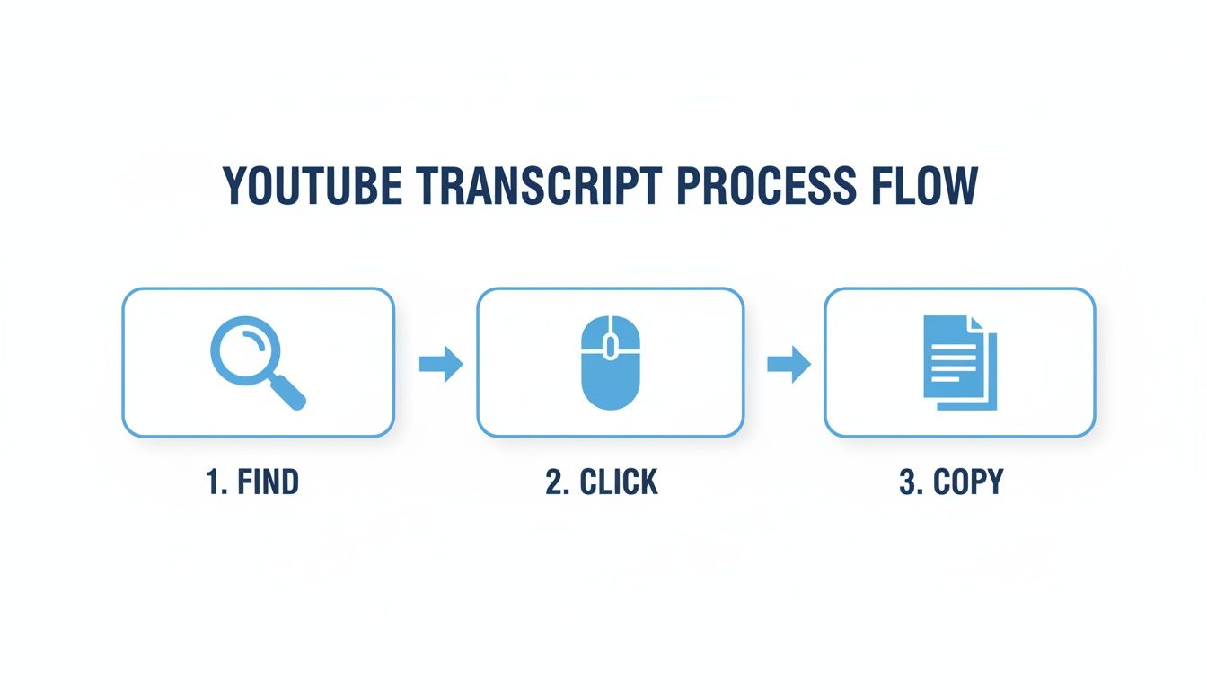 Process flow diagram showing steps to obtain YouTube transcripts: find, click, and copy.