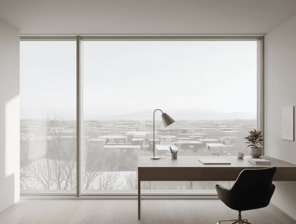 Minimalist bright office interior with large windows