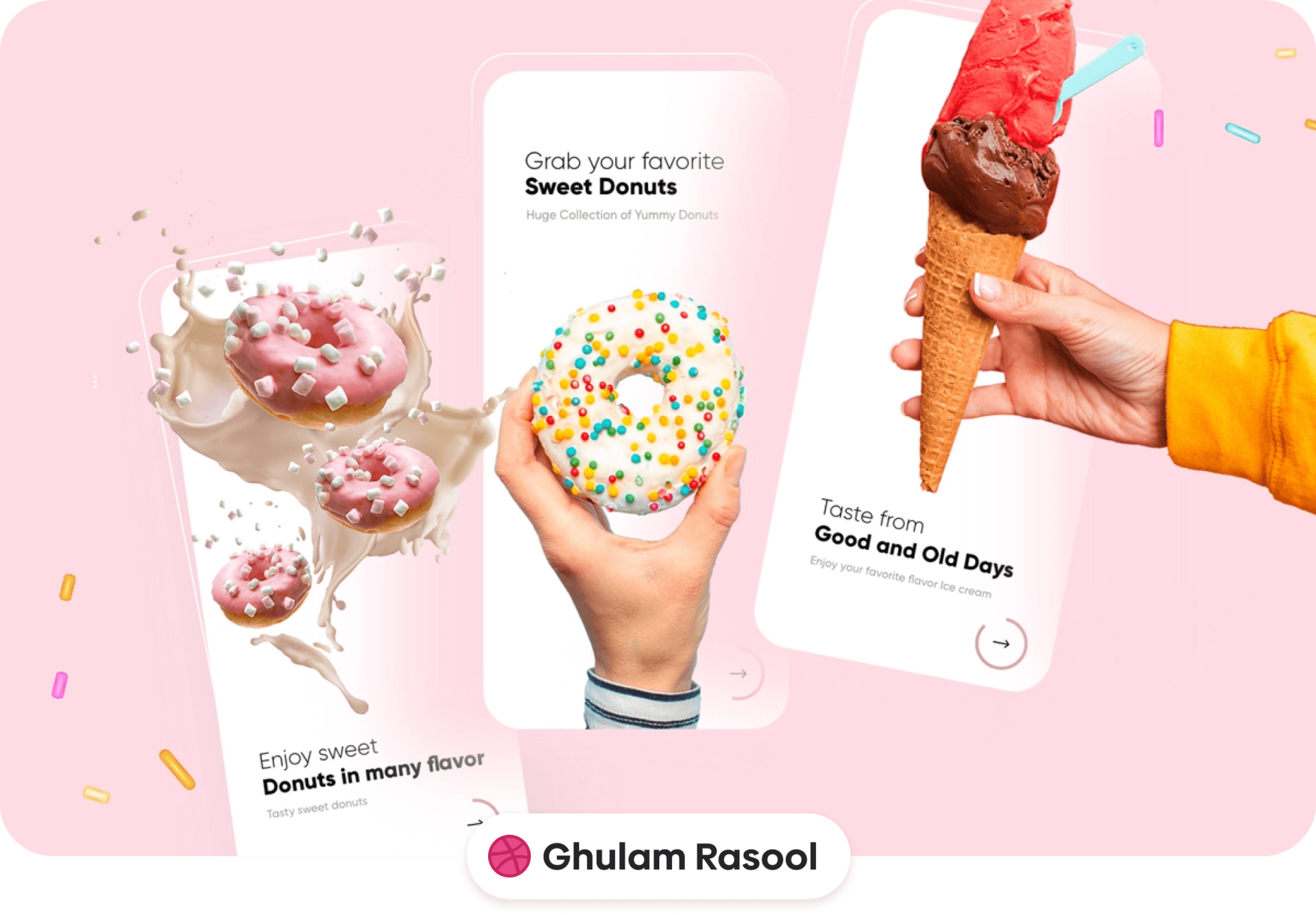Bright pink dessert app UI featuring three screens showcasing donuts and ice cream; includes floating pink frosted donuts with marshmallows, a hand holding a white donut with rainbow sprinkles, and a hand holding a double-scoop ice cream cone on a soft pastel background.