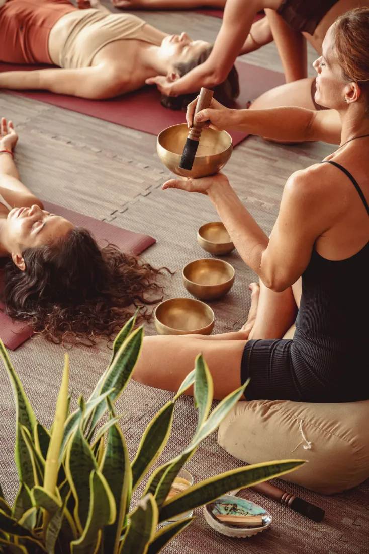 Tibetan singing bowl sound healing during Savasana in free guided online Yin Yoga sessions