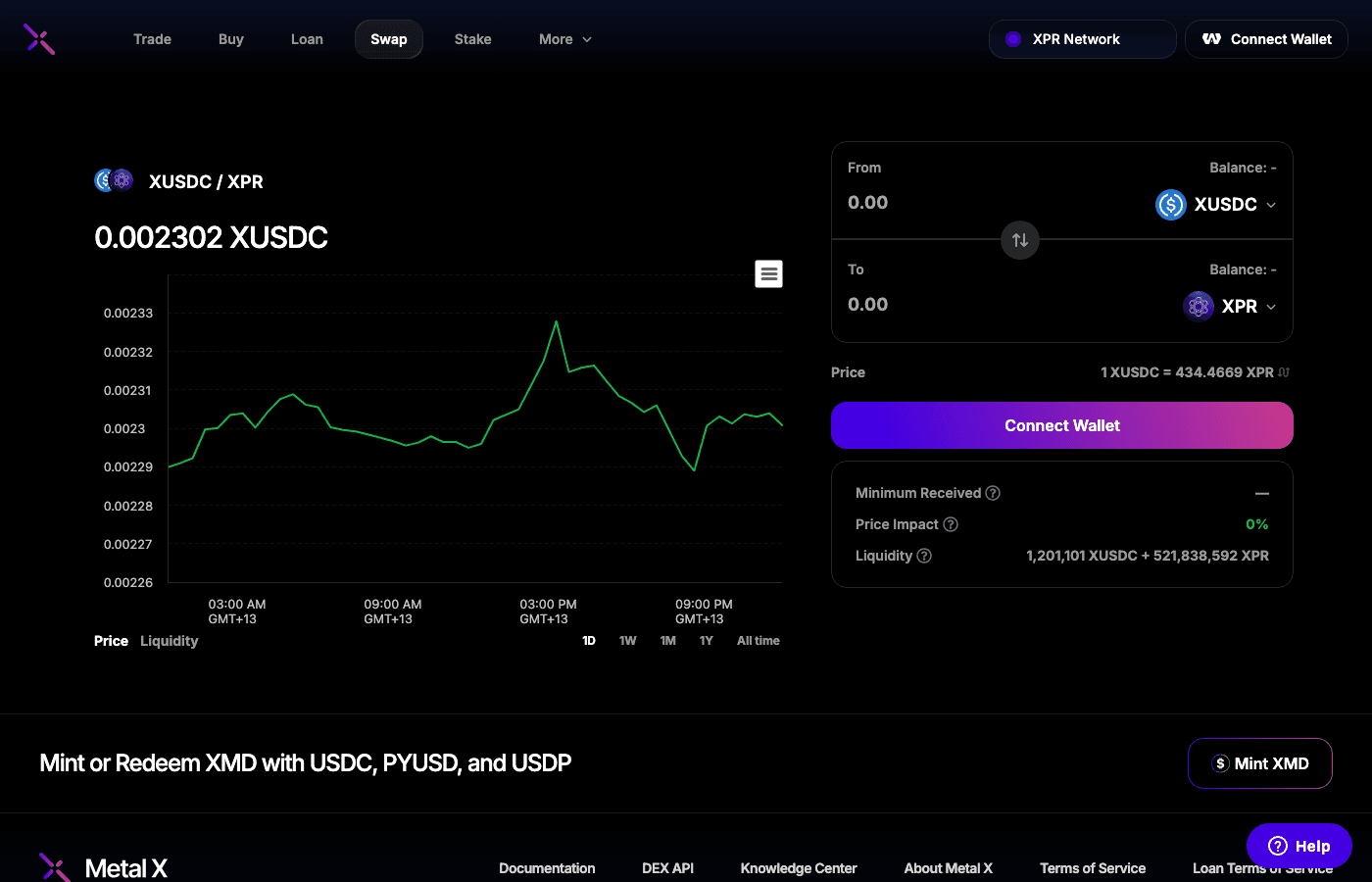 Metal X Swap interface — token selectors and swap button