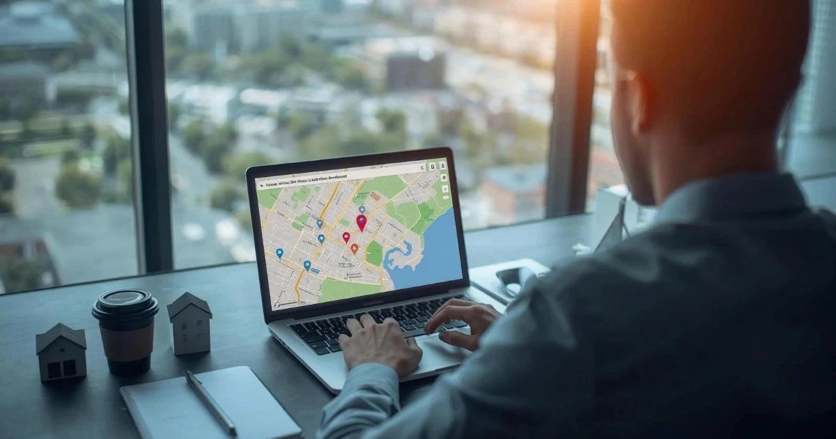 Real estate agent reviewing local SEO rankings on a laptop with a city map in the background