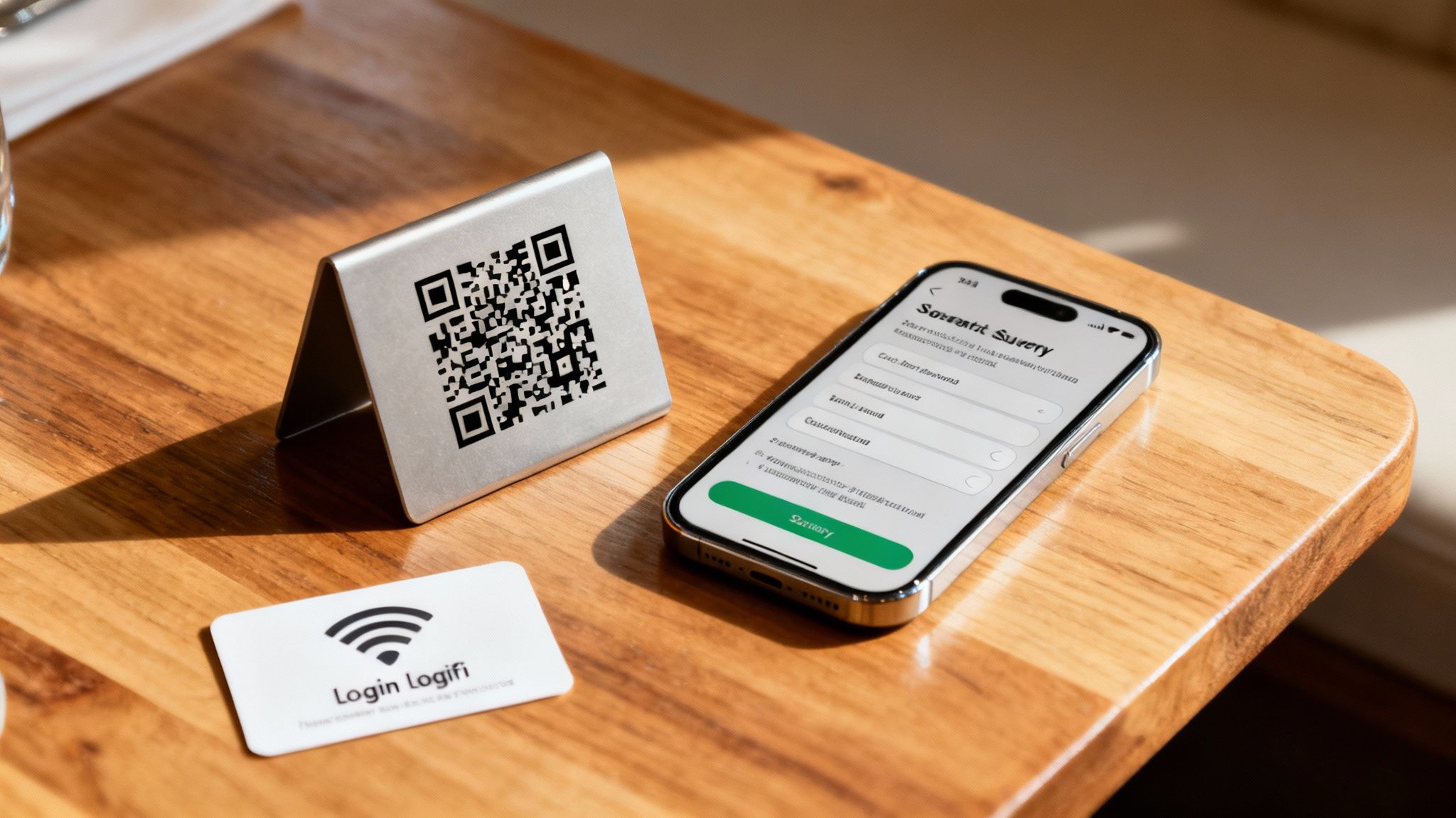 A QR code on a restaurant table that customers can scan to provide feedback.