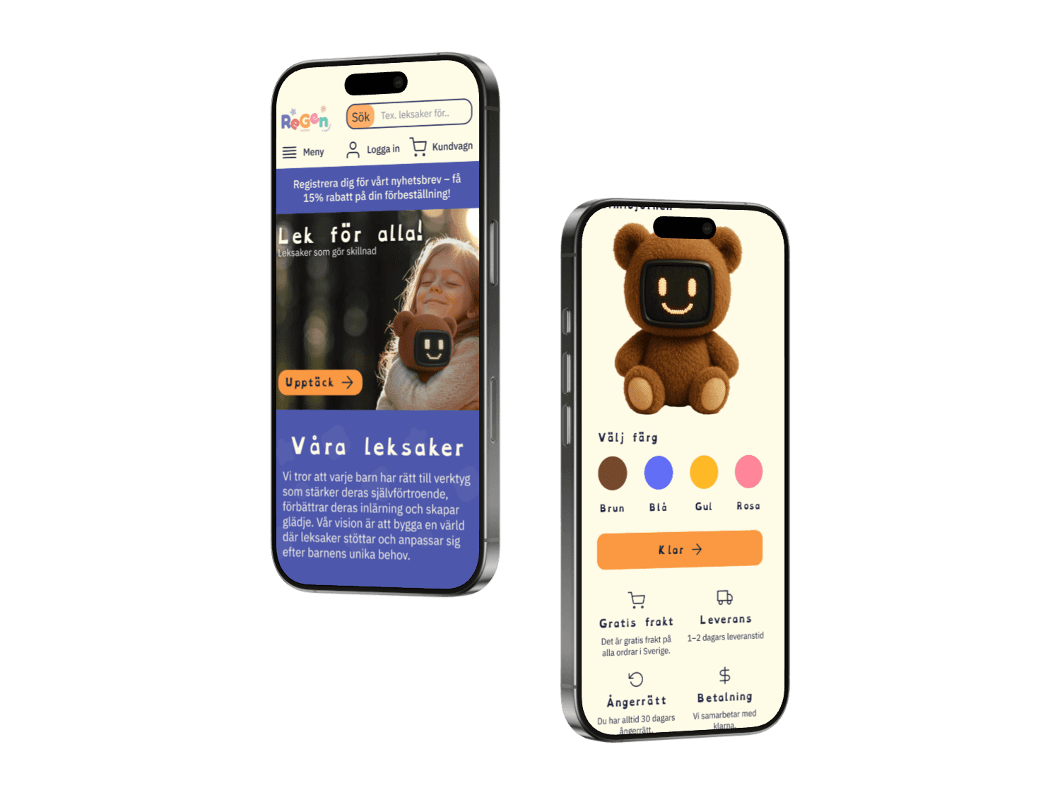 Bilden visar hur appen ser ut på telefon, en visar en liten flicka som kramar en Mimibjörn, den andra visar hur man kan byta färg på Mimibjörnen