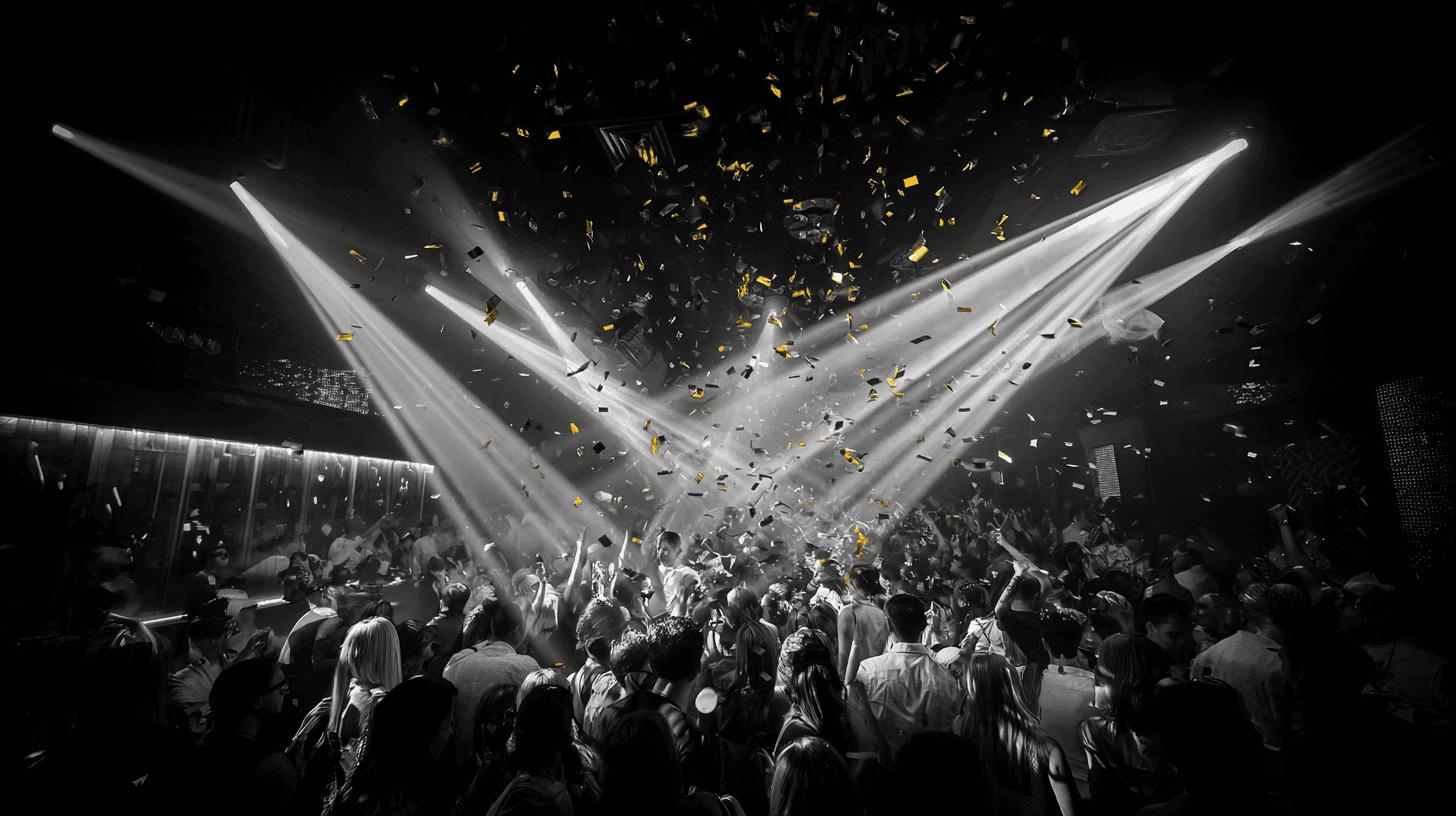 Wide shot of the crowd under multiple crossing spotlight beams on the main stage