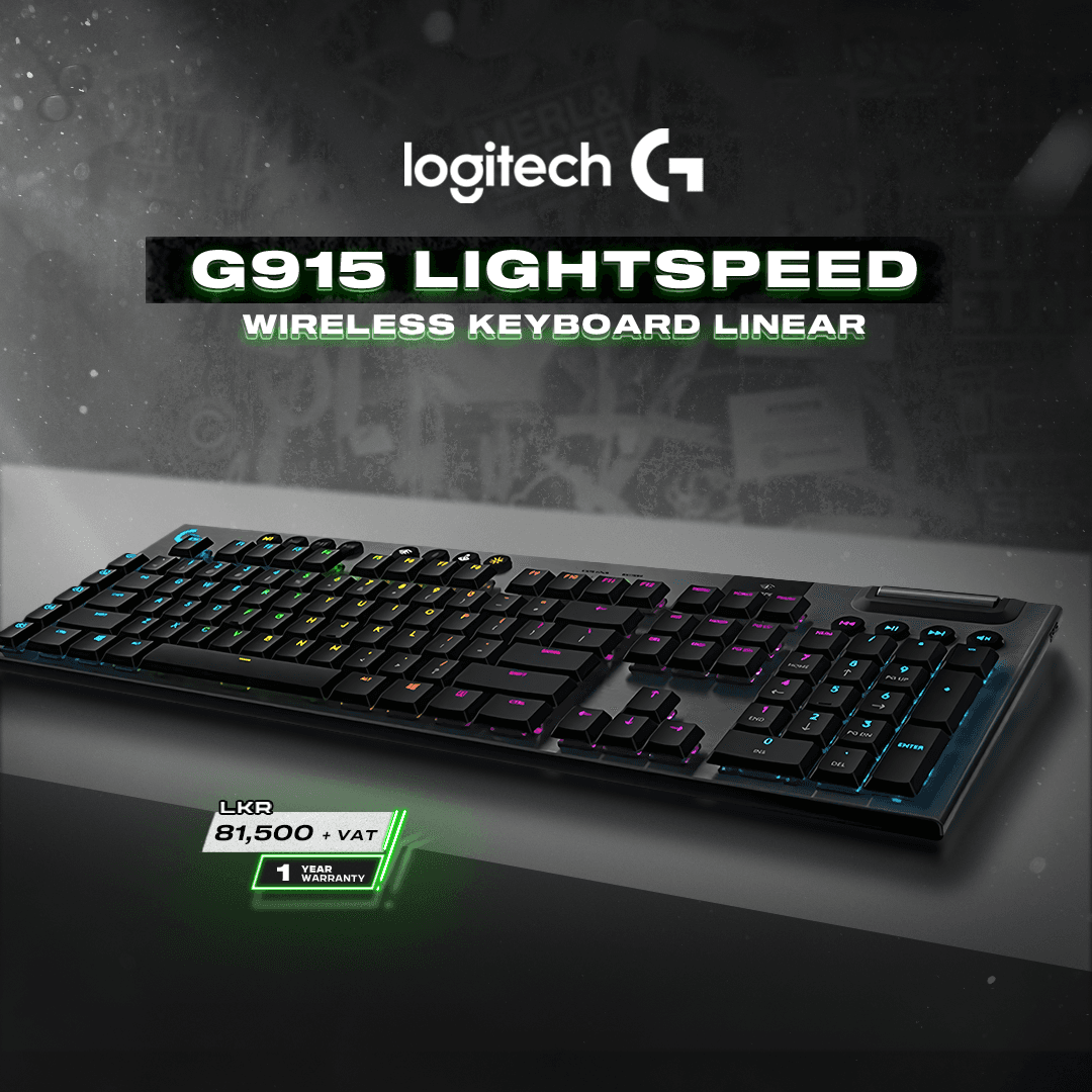 The image features the Logitech G915 LIGHTSPEED wireless keyboard displayed on a dark surface, showcasing its sleek design, full-size layout, and vibrant RGB backlighting.
