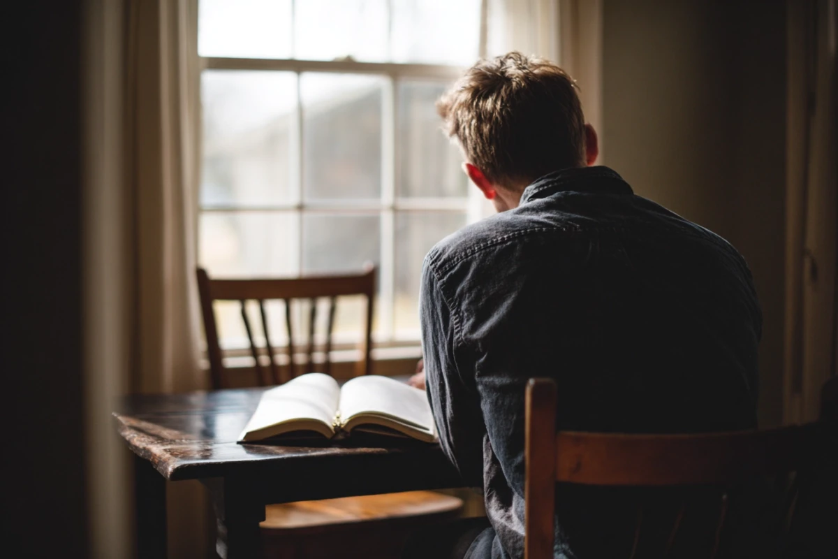 Person writing in journal at desk with calm, focused expression