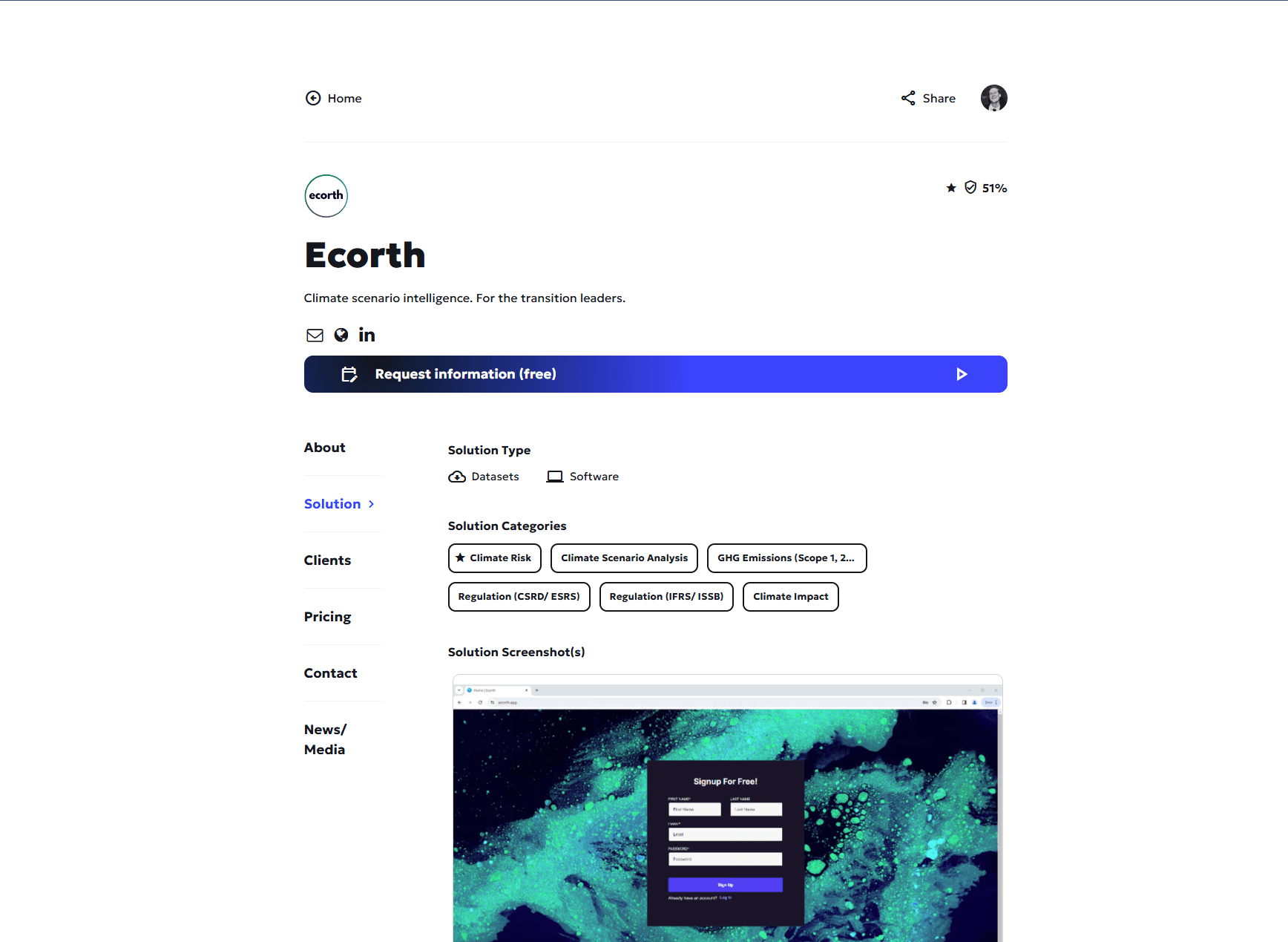 Ecorth premium solution profile on KanataQ, showing its 51% trust score, solution categories like Climate Risk and GHG Emissions, a 'Request information' button, and a product screenshot.